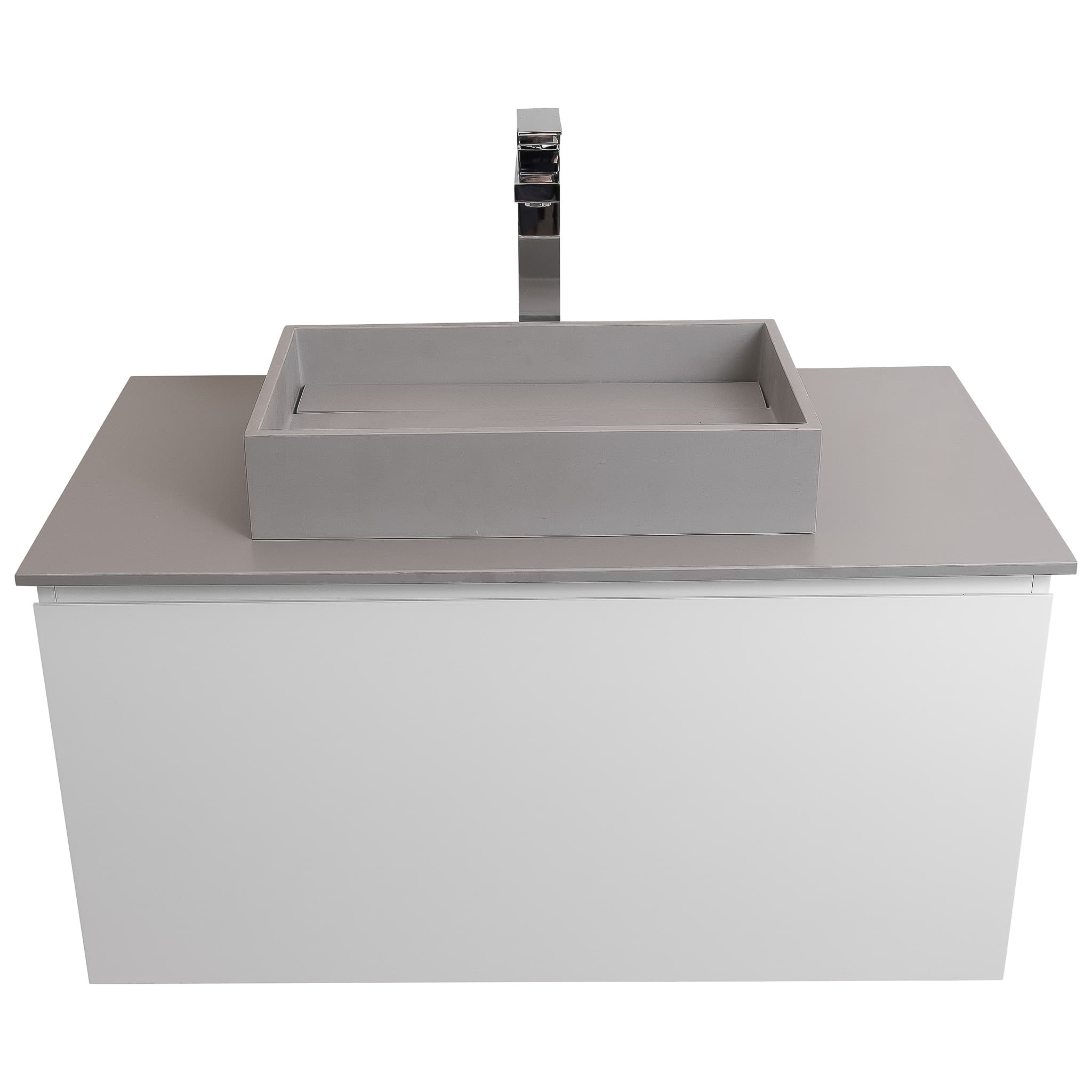 Venice 31.5 White High Gloss Cabinet, Solid Surface Flat Grey Counter And Infinity Square Solid Surface Grey Basin 1329, Wall Mounted Modern Vanity Set