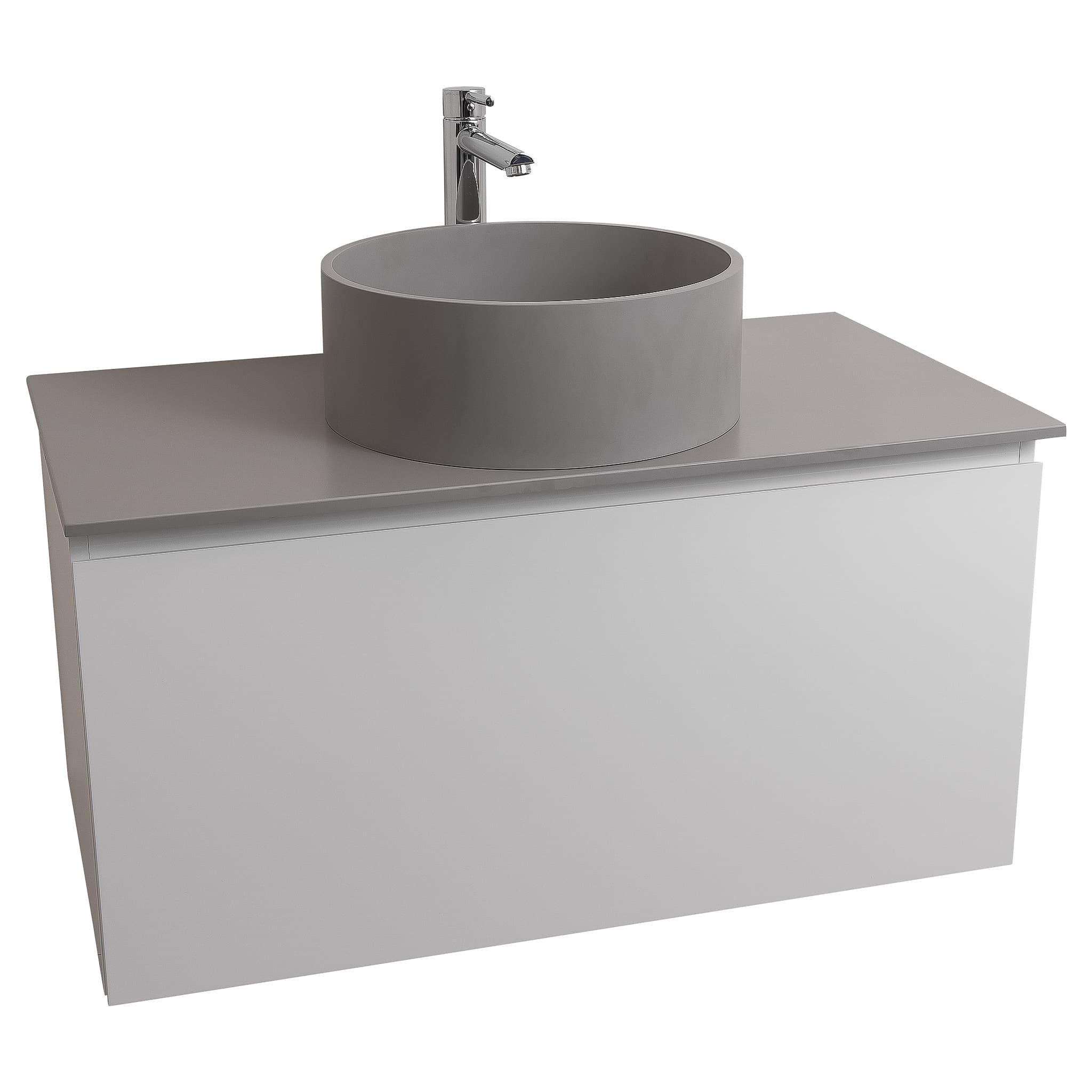 Venice 31.5 White High Gloss Cabinet, Solid Surface Flat Grey Counter And Round Solid Surface Grey Basin 1386, Wall Mounted Modern Vanity Set