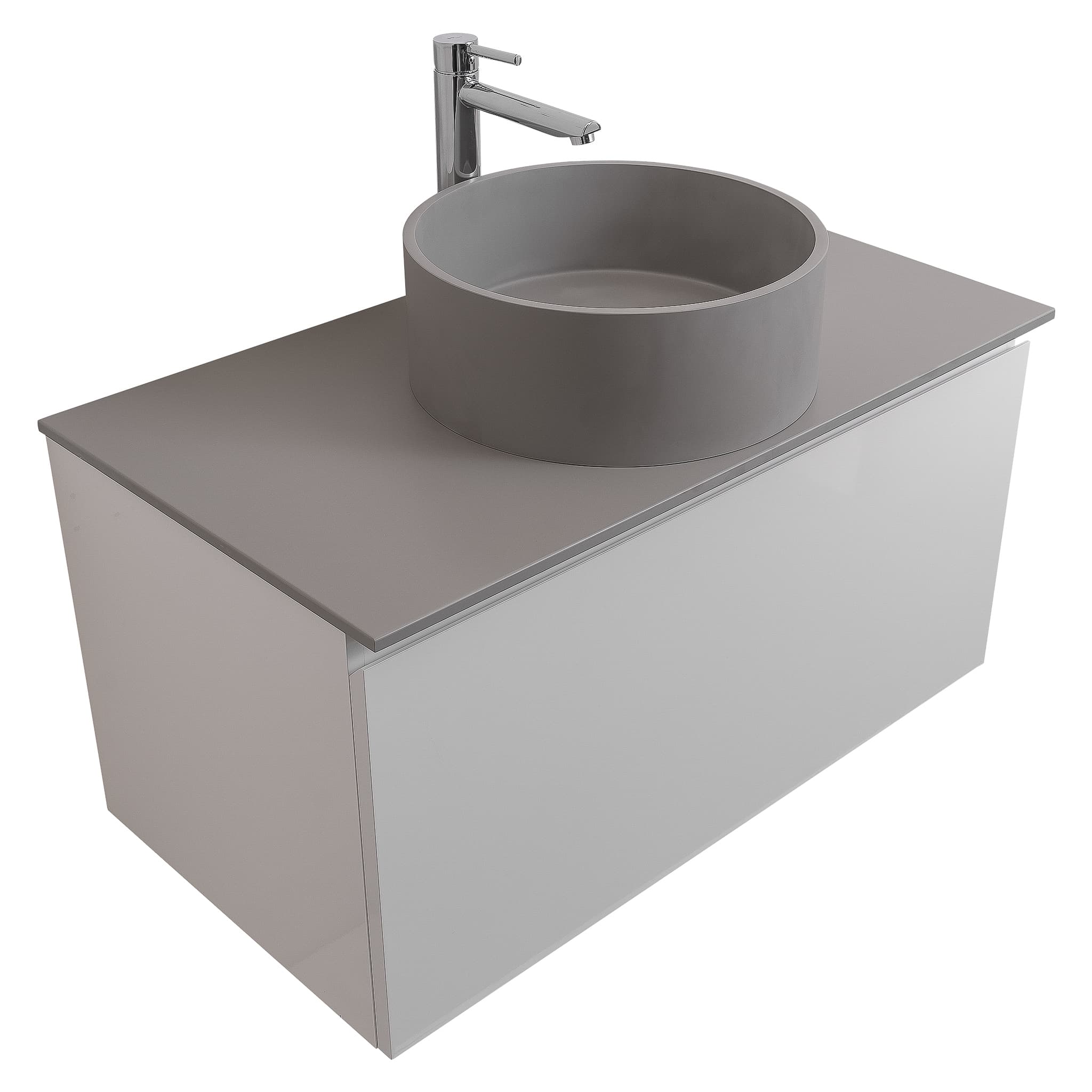 Venice 31.5 White High Gloss Cabinet, Solid Surface Flat Grey Counter And Round Solid Surface Grey Basin 1386, Wall Mounted Modern Vanity Set