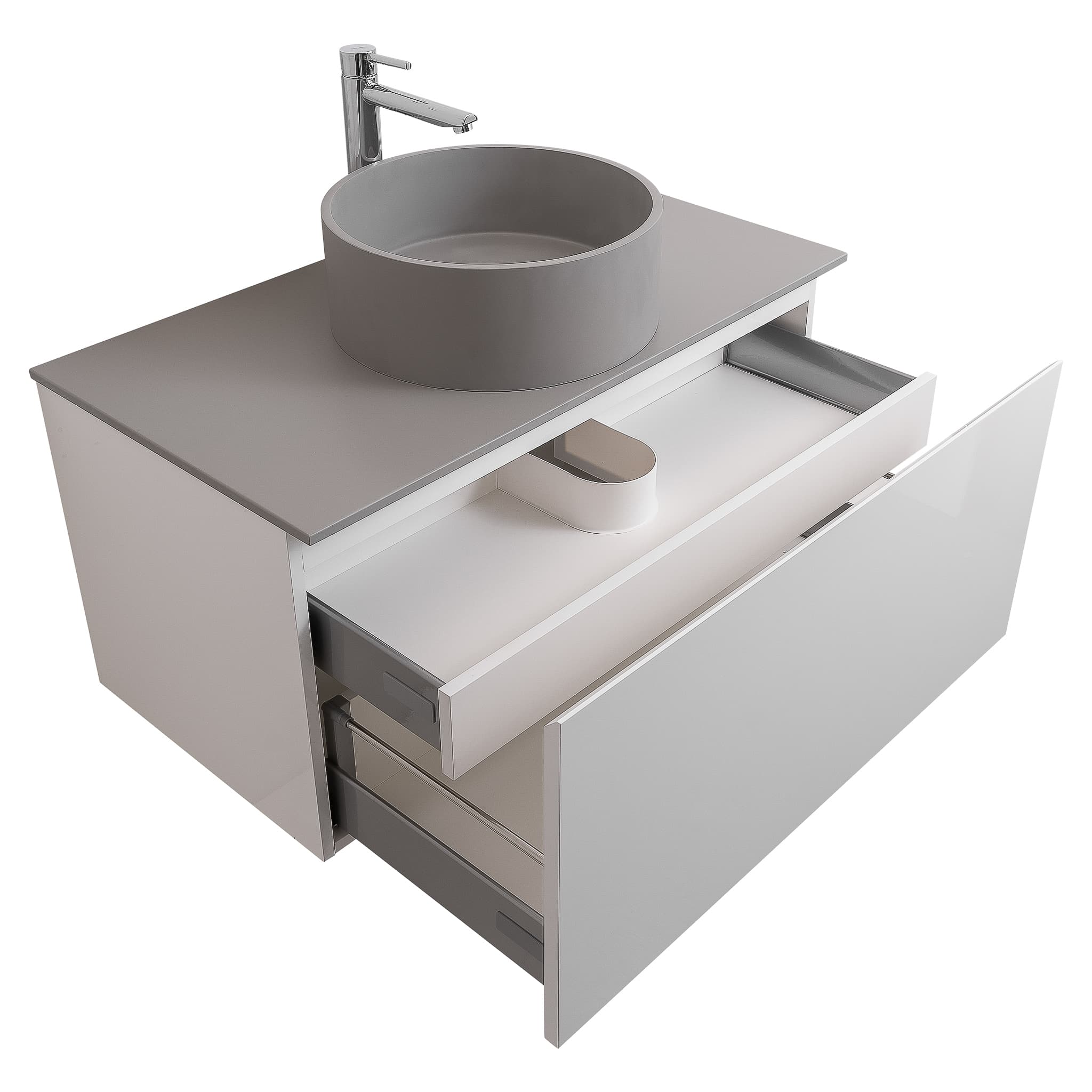 Venice 31.5 White High Gloss Cabinet, Solid Surface Flat Grey Counter And Round Solid Surface Grey Basin 1386, Wall Mounted Modern Vanity Set