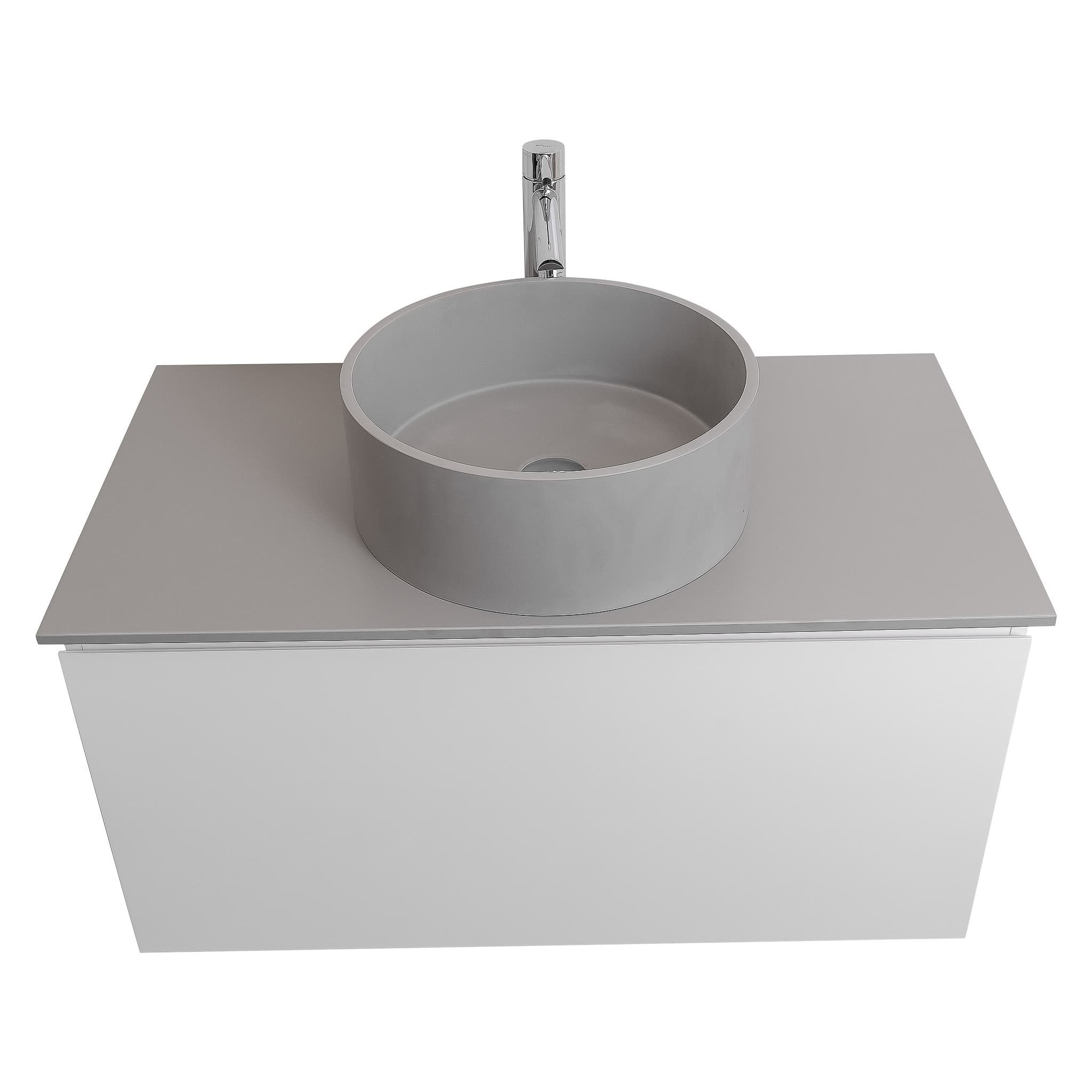 Venice 31.5 White High Gloss Cabinet, Solid Surface Flat Grey Counter And Round Solid Surface Grey Basin 1386, Wall Mounted Modern Vanity Set