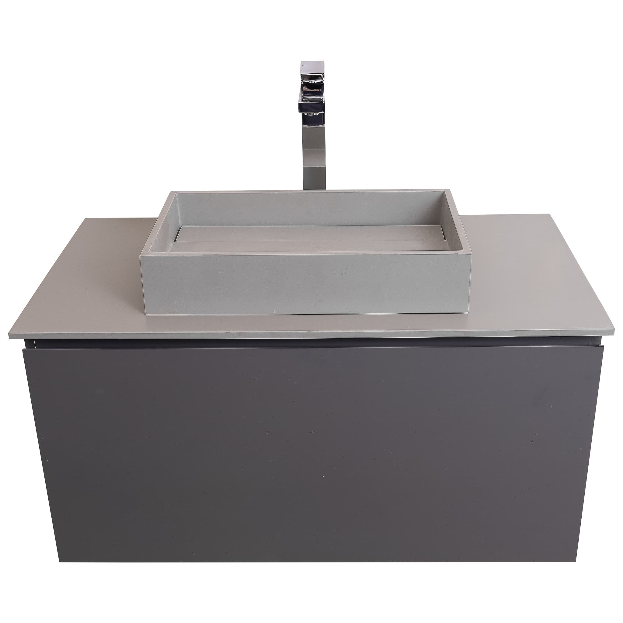 Venice 35.5 Anthracite High Gloss Cabinet, Solid Surface Flat Grey Counter And Infinity Square Solid Surface Grey Basin 1329, Wall Mounted Modern Vanity Set