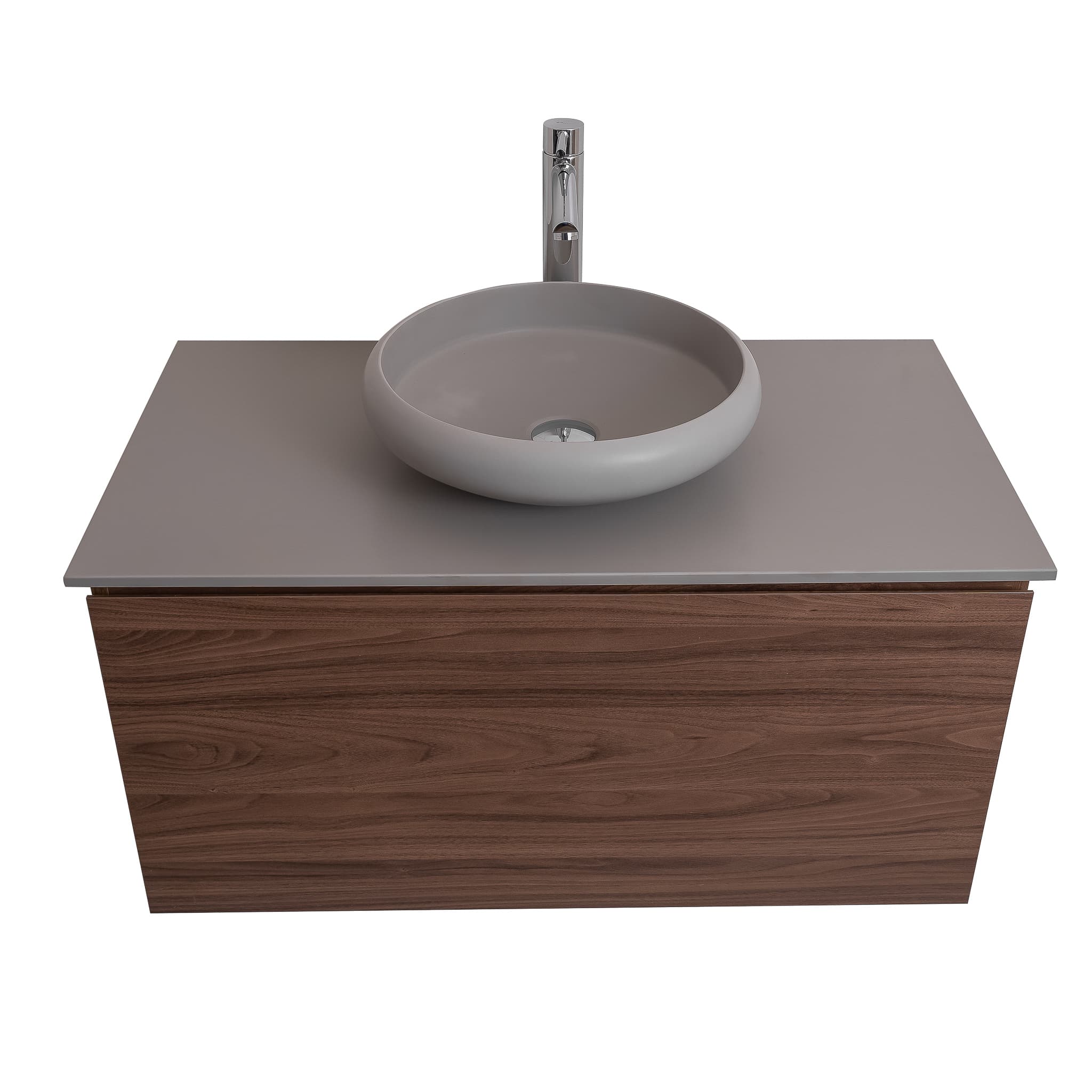 Venice 35.5 Walnut Wood Texture Cabinet, Solid Surface Flat Grey Counter And Round Solid Surface Grey Basin 1153, Wall Mounted Modern Vanity Set