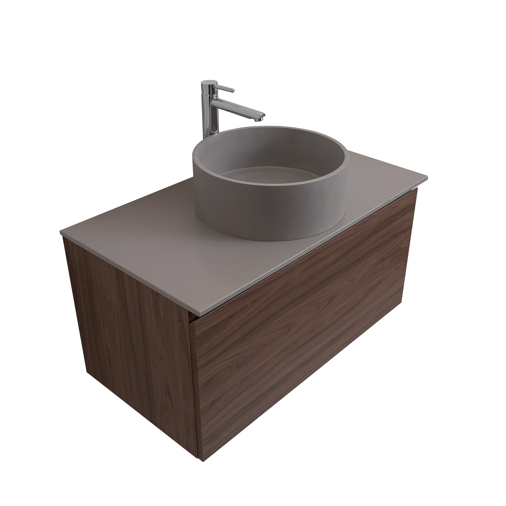 Venice 35.5 Walnut Wood Texture Cabinet, Solid Surface Flat Grey Counter And Round Solid Surface Grey Basin 1386, Wall Mounted Modern Vanity Set