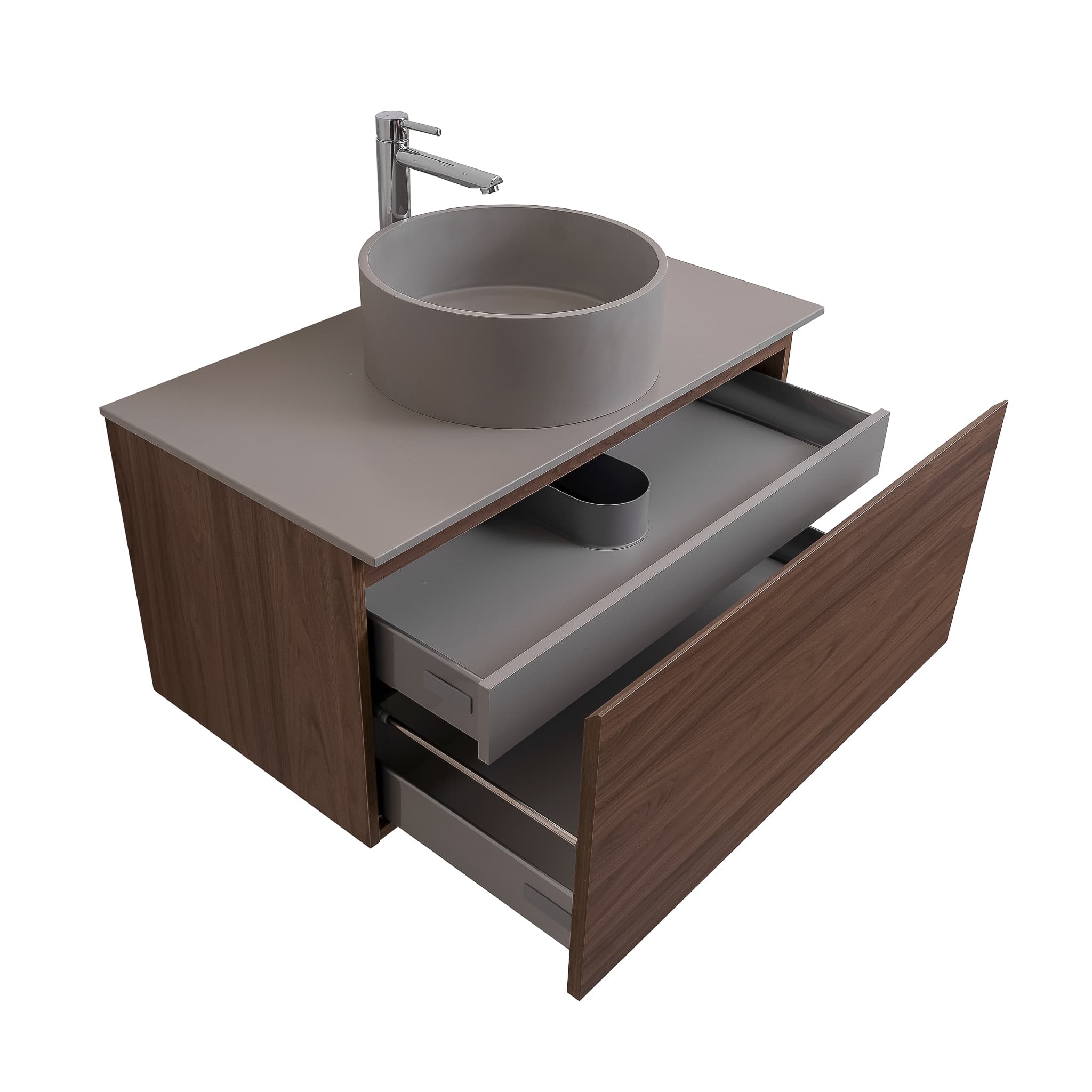 Venice 35.5 Walnut Wood Texture Cabinet, Solid Surface Flat Grey Counter And Round Solid Surface Grey Basin 1386, Wall Mounted Modern Vanity Set