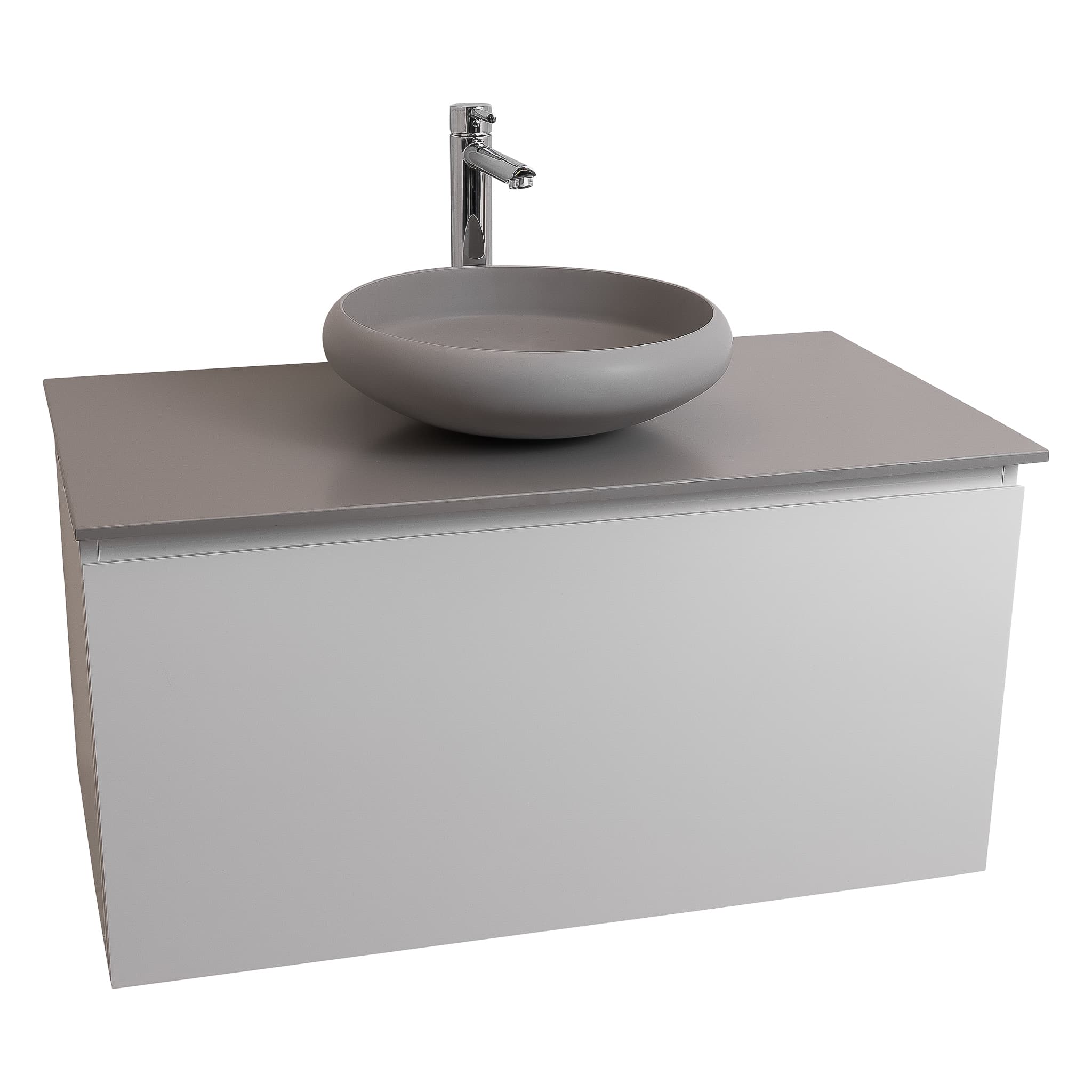 Venice 35.5 White High Gloss Cabinet, Solid Surface Flat Grey Counter And Round Solid Surface Grey Basin 1153, Wall Mounted Modern Vanity Set