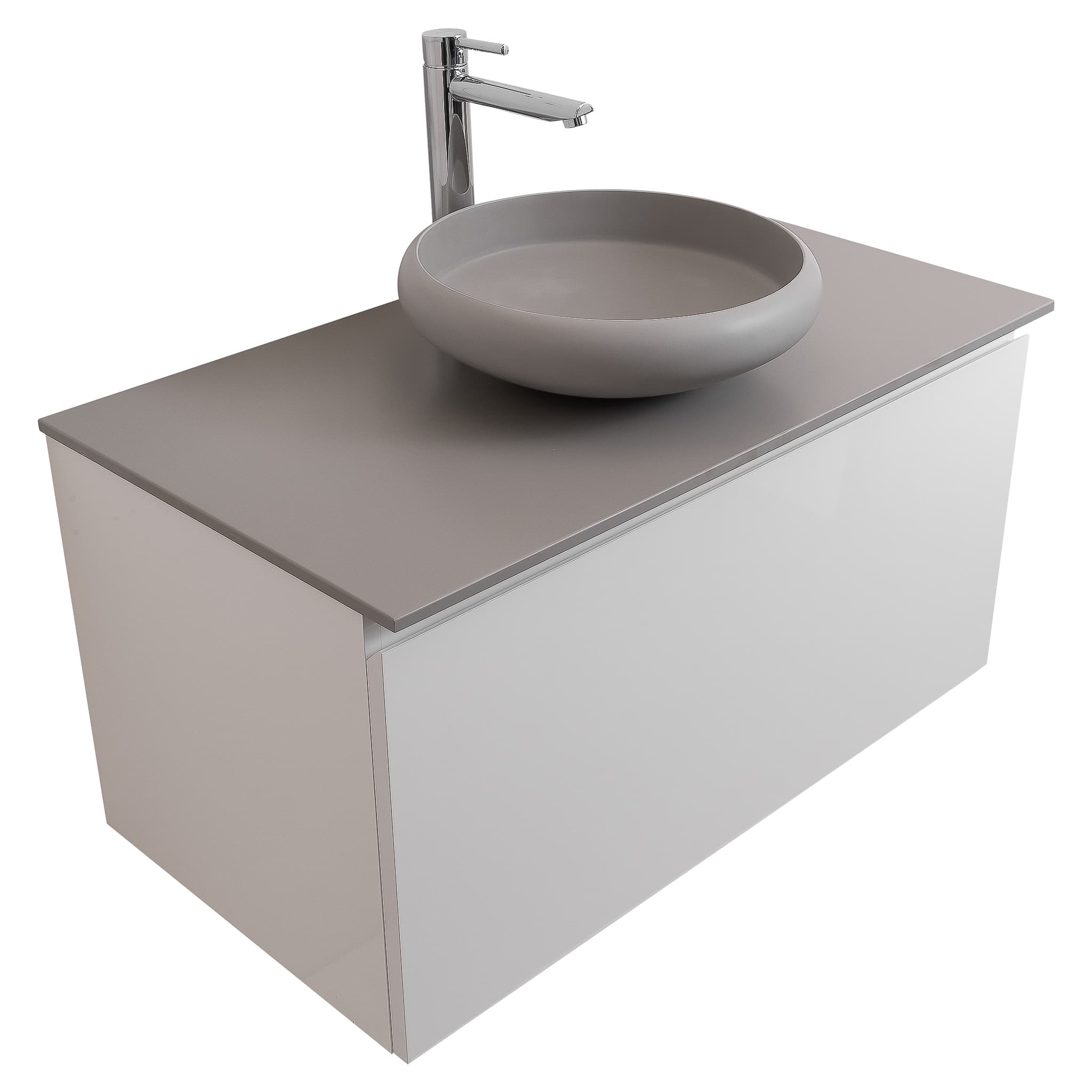 Venice 35.5 White High Gloss Cabinet, Solid Surface Flat Grey Counter And Round Solid Surface Grey Basin 1153, Wall Mounted Modern Vanity Set