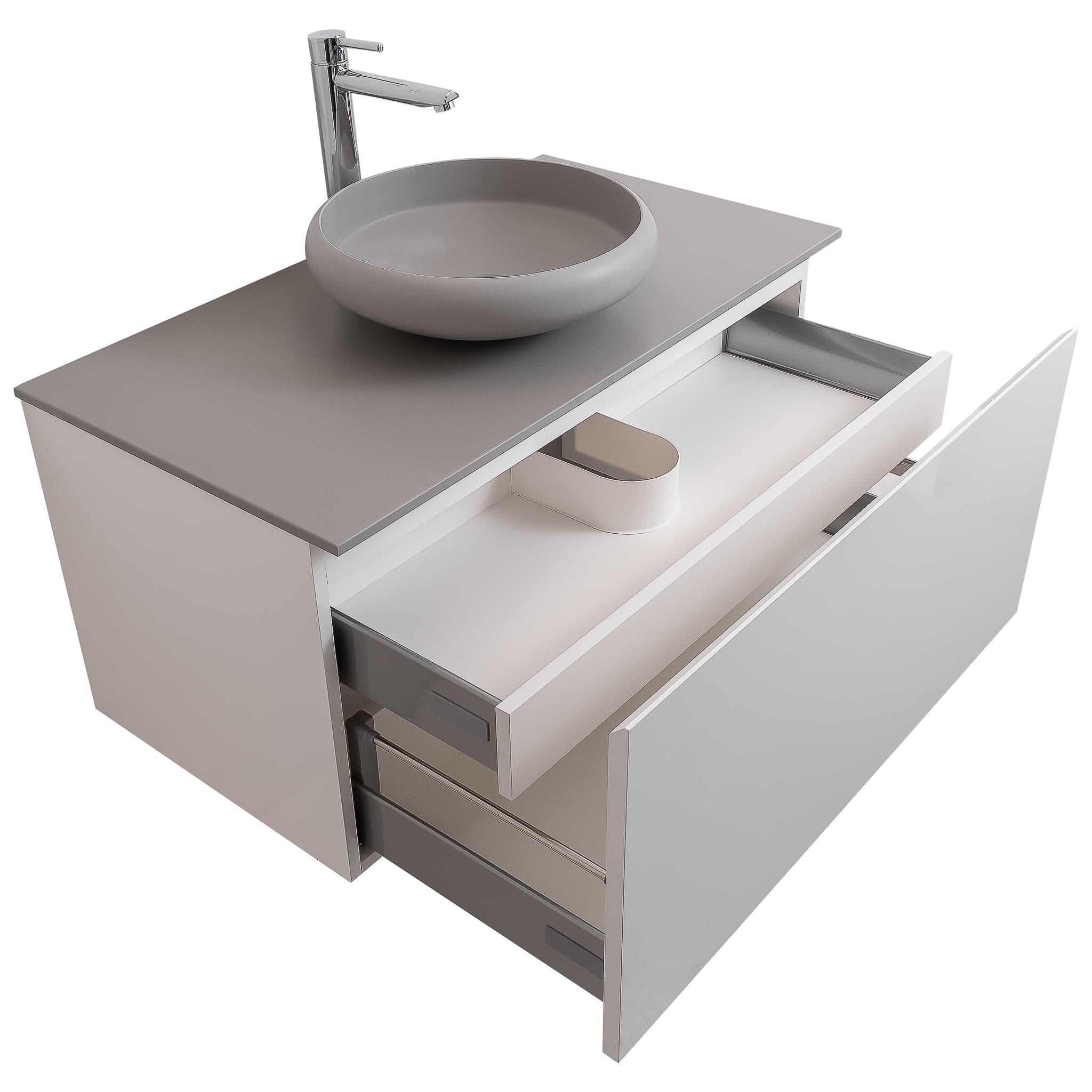 Venice 35.5 White High Gloss Cabinet, Solid Surface Flat Grey Counter And Round Solid Surface Grey Basin 1153, Wall Mounted Modern Vanity Set