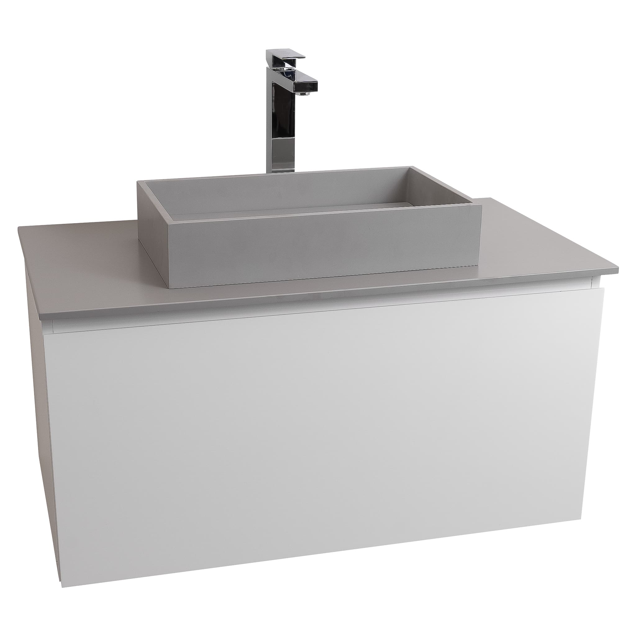 Venice 35.5 White High Gloss Cabinet, Solid Surface Flat Grey Counter And Infinity Square Solid Surface Grey Basin 1329, Wall Mounted Modern Vanity Set