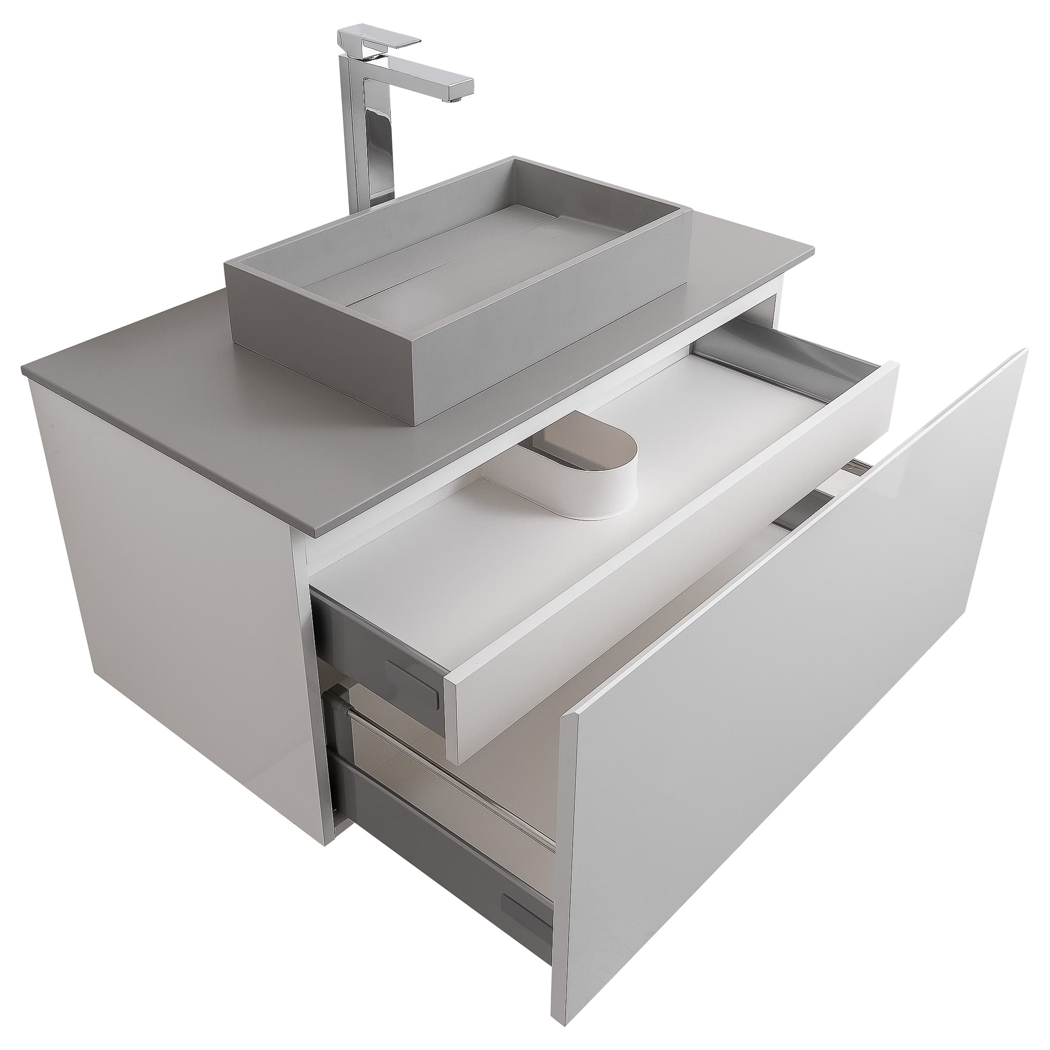 Venice 35.5 White High Gloss Cabinet, Solid Surface Flat Grey Counter And Infinity Square Solid Surface Grey Basin 1329, Wall Mounted Modern Vanity Set