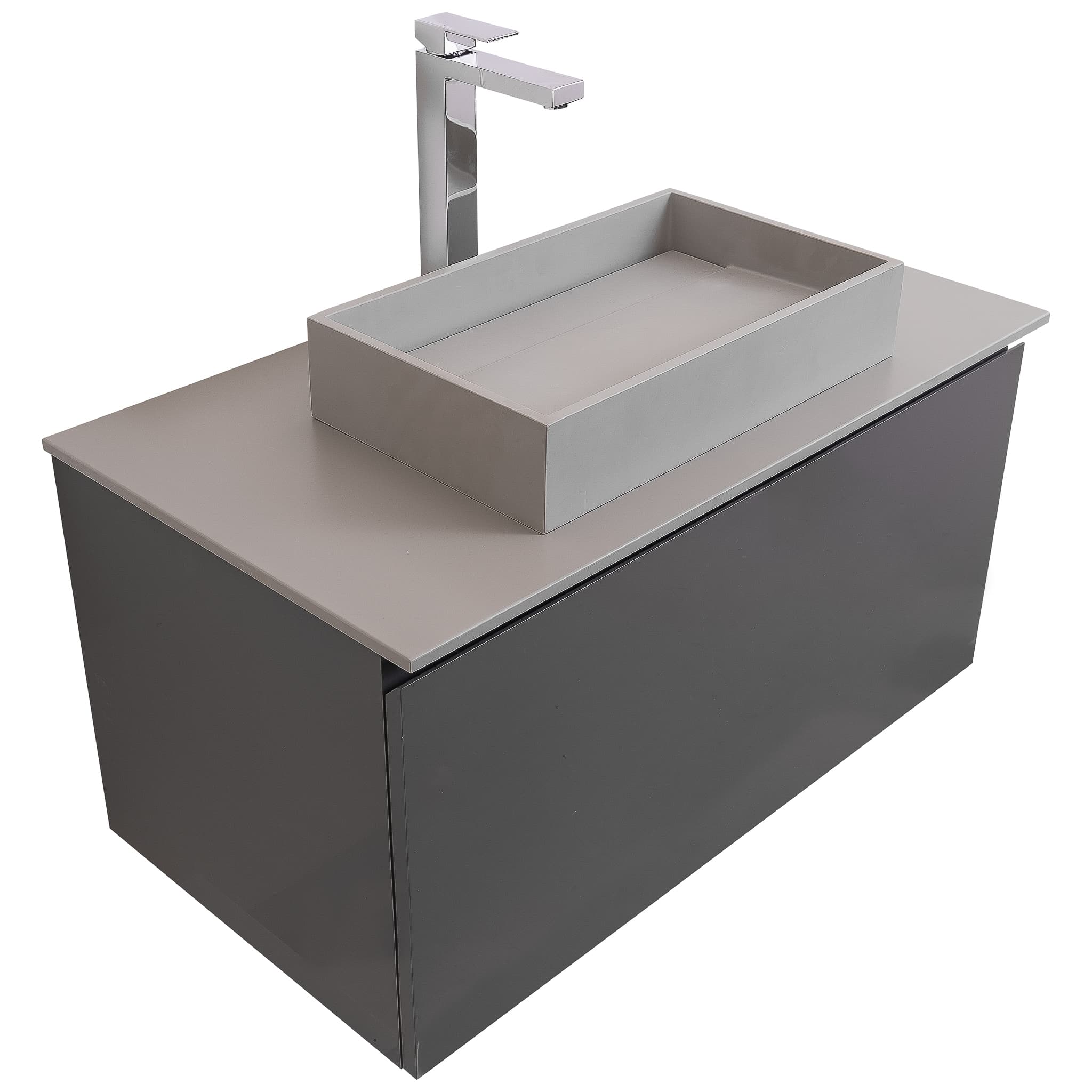 Venice 39.5 Anthracite High Gloss Cabinet, Solid Surface Flat Grey Counter And Infinity Square Solid Surface Grey Basin 1329, Wall Mounted Modern Vanity Set