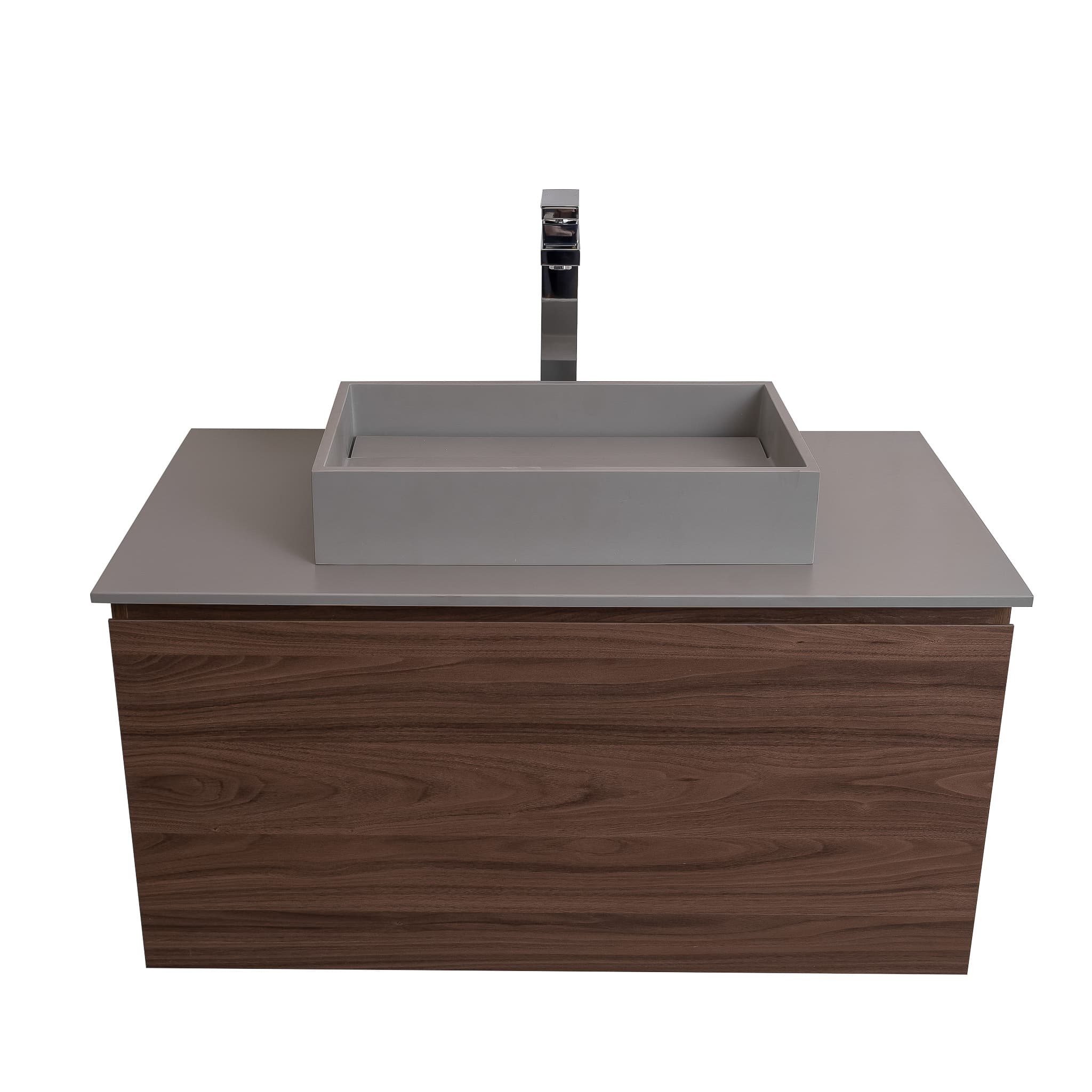 Venice 39.5 Walnut Wood Texture Cabinet, Solid Surface Flat Grey Counter And Infinity Square Solid Surface Grey Basin 1329, Wall Mounted Modern Vanity Set