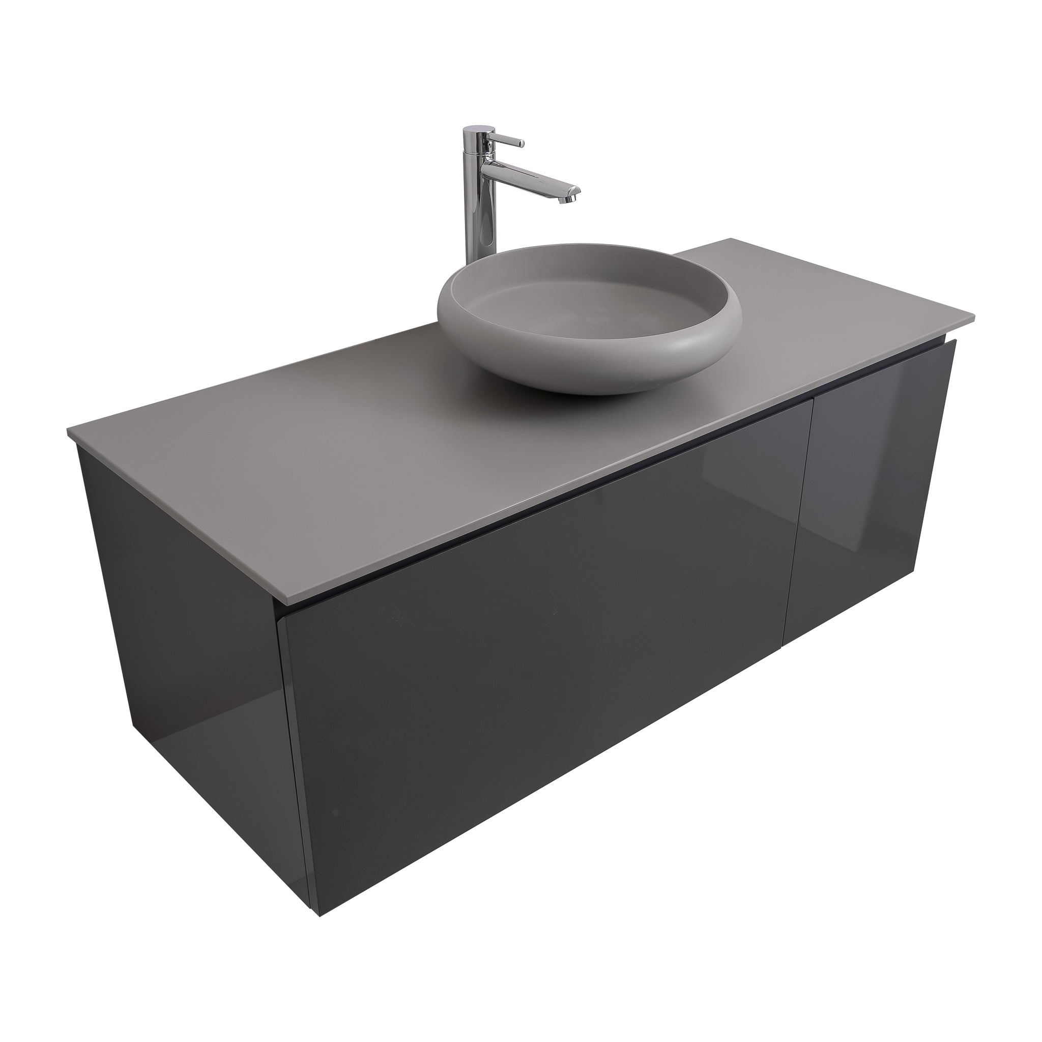 Venice 47.5 Anthracite High Gloss Cabinet, Solid Surface Flat Grey Counter And Round Solid Surface Grey Basin 1153, Wall Mounted Modern Vanity Set