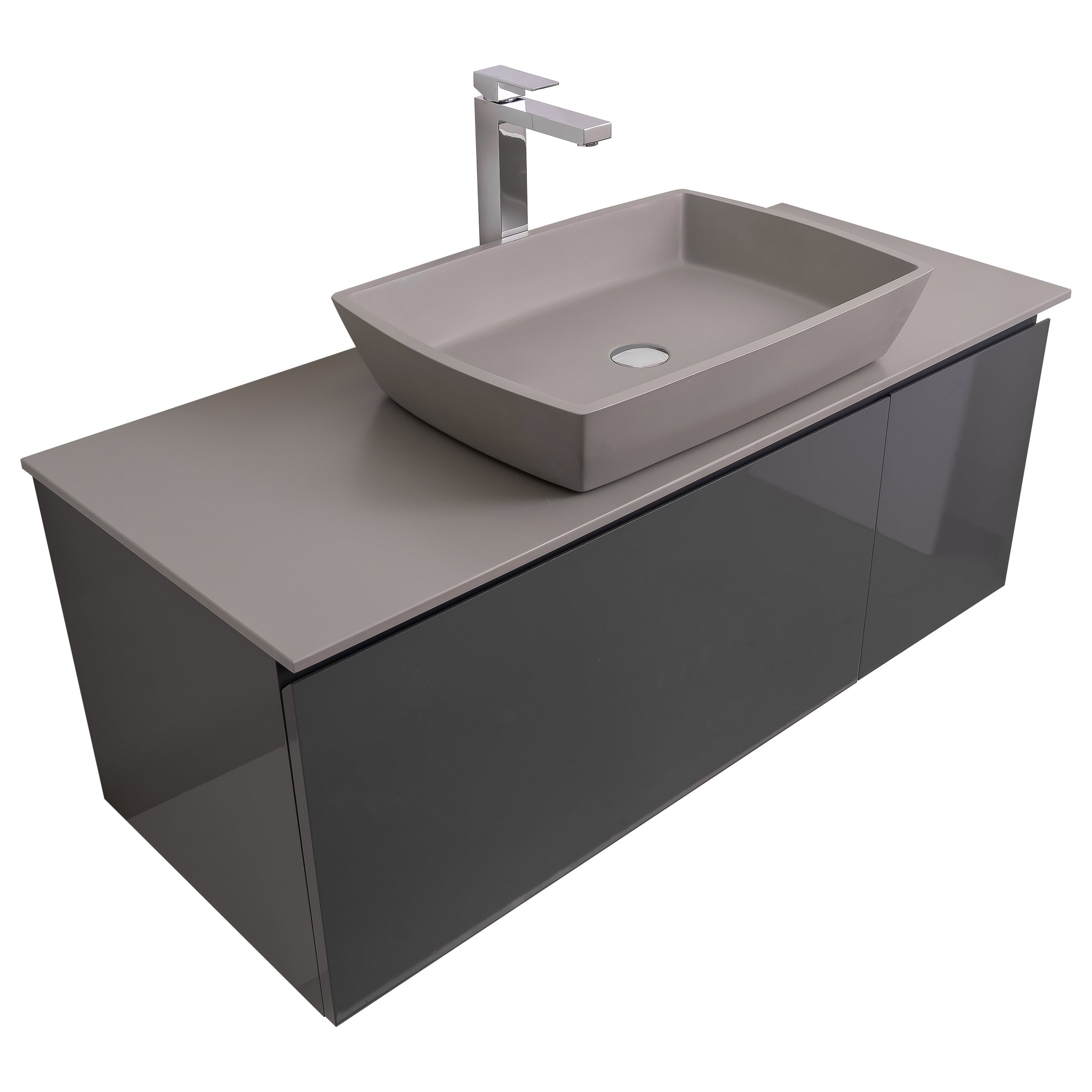 Venice 47.5 Anthracite High Gloss Cabinet, Solid Surface Flat Grey Counter And Square Solid Surface Grey Basin 1316, Wall Mounted Modern Vanity Set