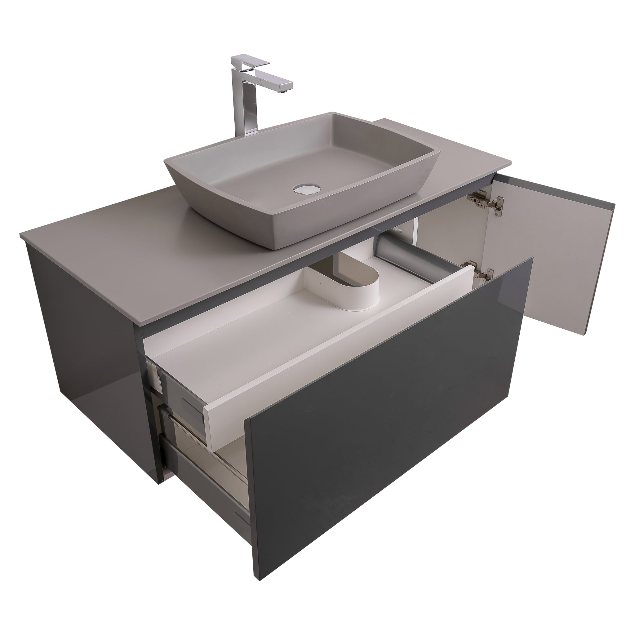 Venice 47.5 Anthracite High Gloss Cabinet, Solid Surface Flat Grey Counter And Square Solid Surface Grey Basin 1316, Wall Mounted Modern Vanity Set