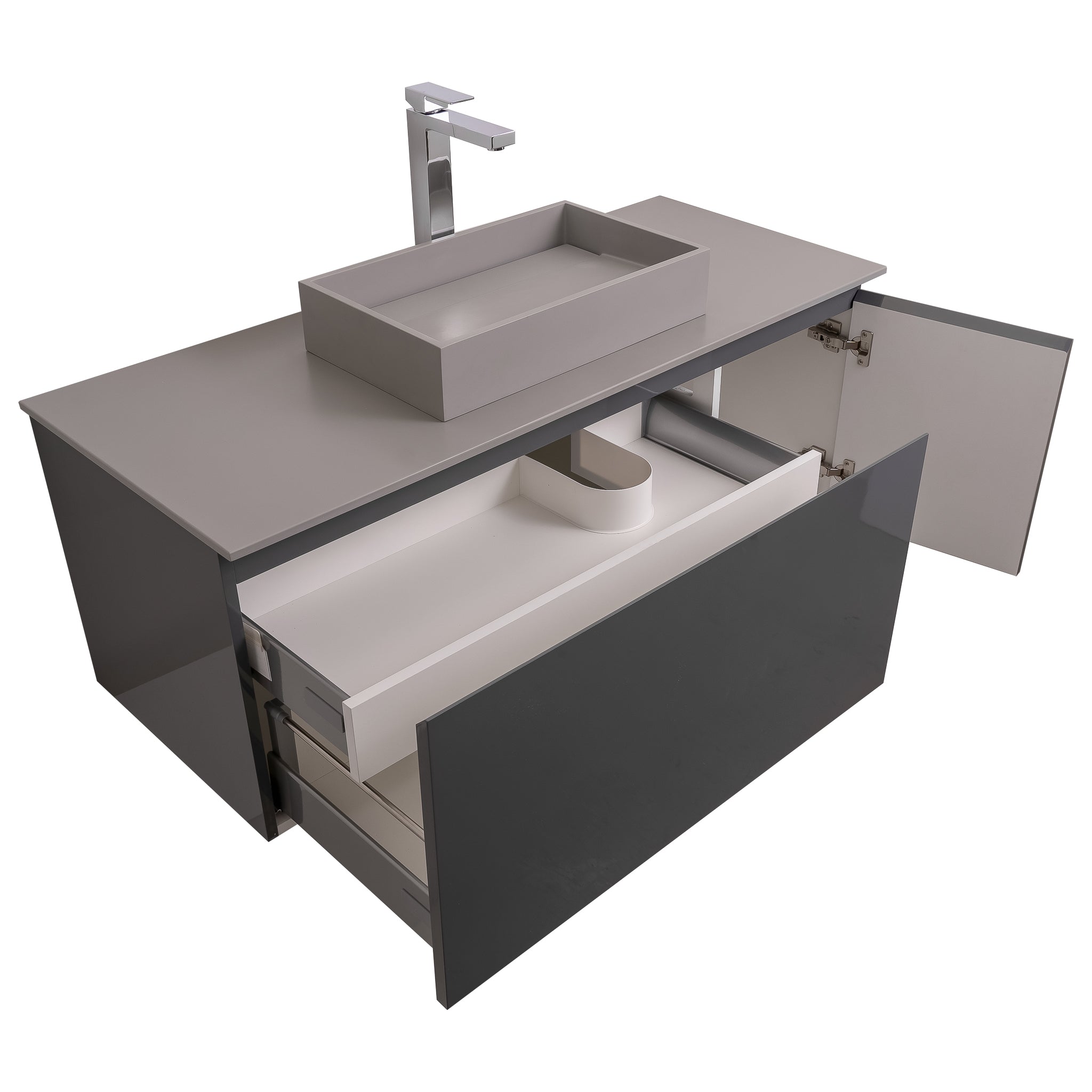 Venice 47.5 Anthracite High Gloss Cabinet, Solid Surface Flat Grey Counter And Infinity Square Solid Surface Grey Basin 1329, Wall Mounted Modern Vanity Set