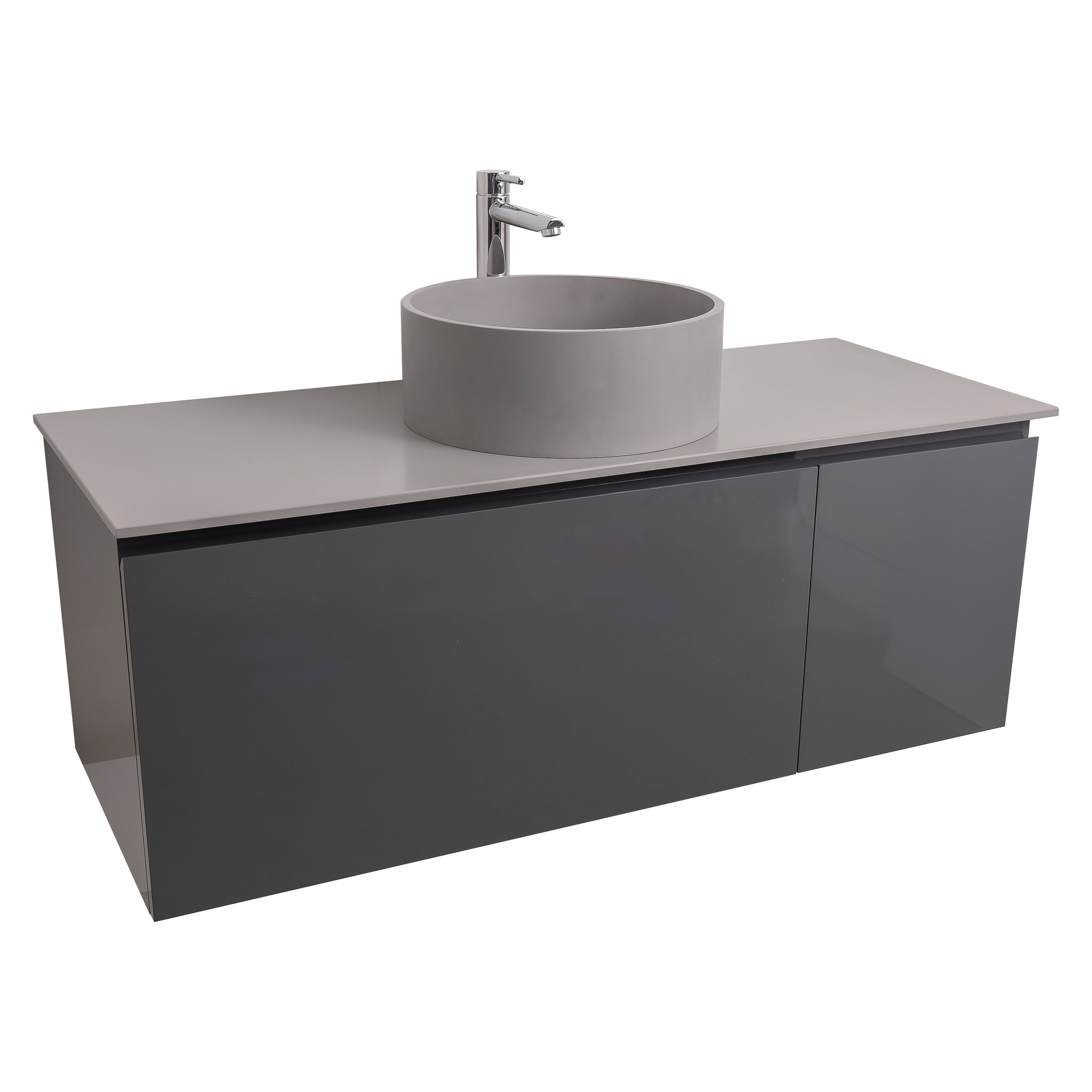Venice 47.5 Anthracite High Gloss Cabinet, Solid Surface Flat Grey Counter And Round Solid Surface Grey Basin 1386, Wall Mounted Modern Vanity Set
