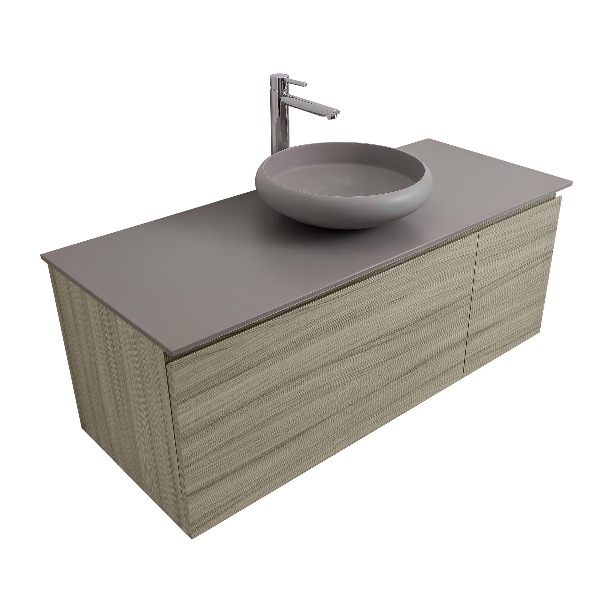 Venice 47.5 Nilo Grey Wood Texture Cabinet, Solid Surface Flat Grey Counter And Round Solid Surface Grey Basin 1153, Wall Mounted Modern Vanity Set