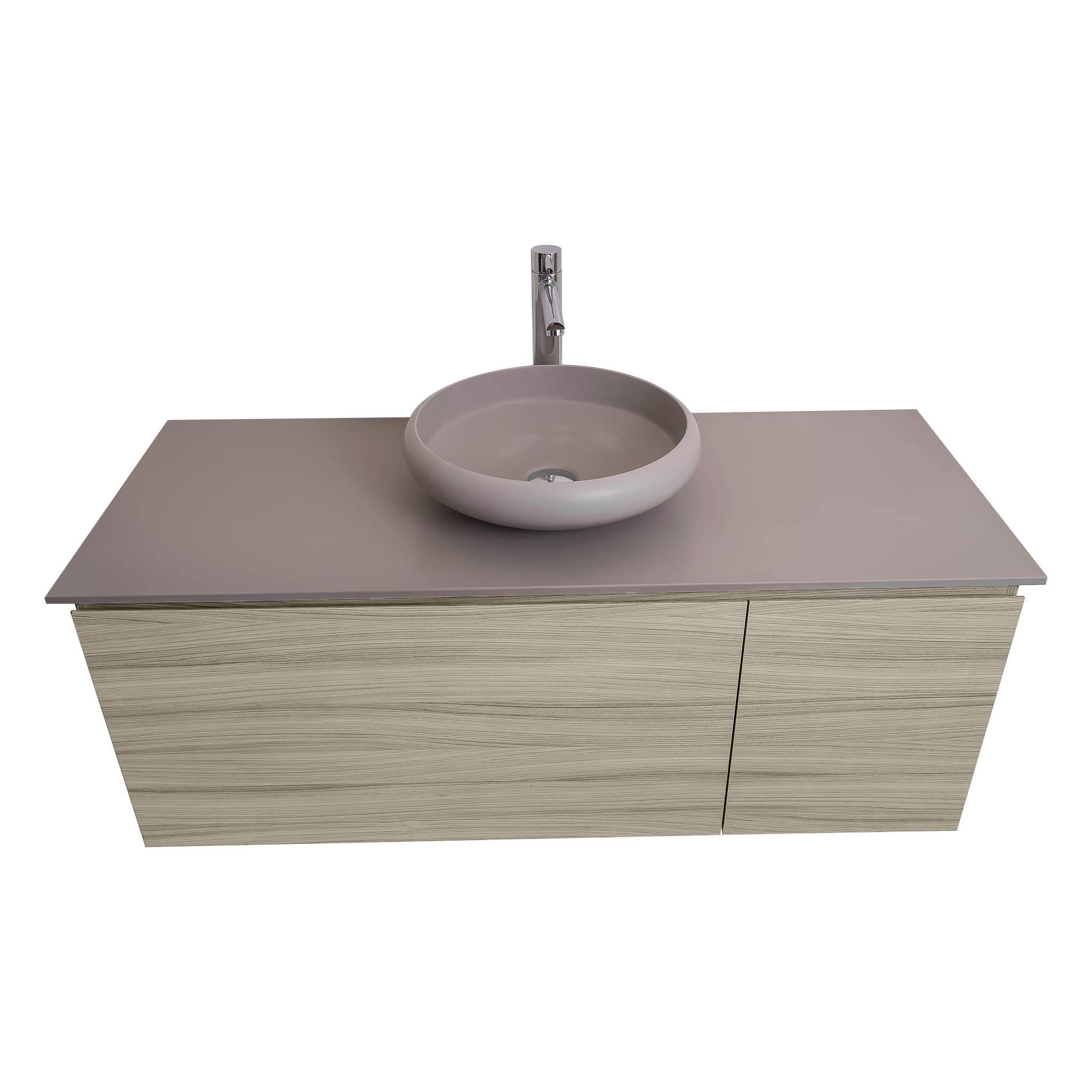 Venice 47.5 Nilo Grey Wood Texture Cabinet, Solid Surface Flat Grey Counter And Round Solid Surface Grey Basin 1153, Wall Mounted Modern Vanity Set