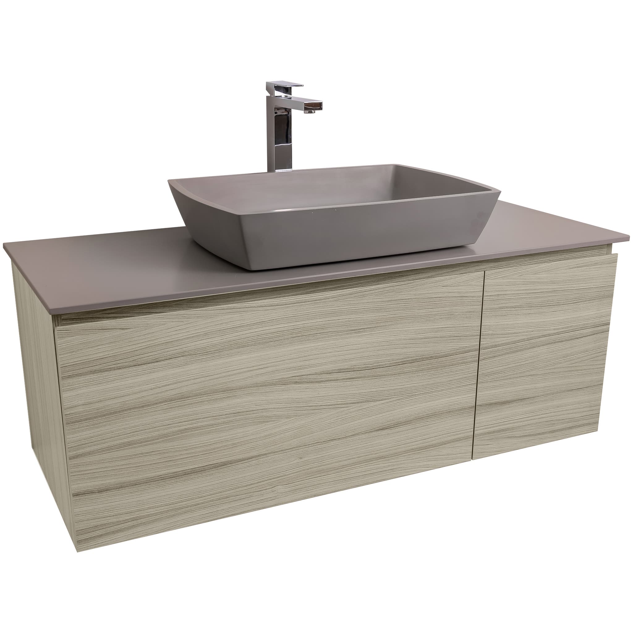 Venice 47.5 Nilo Grey Wood Texture Cabinet, Solid Surface Flat Grey Counter And Square Solid Surface Grey Basin 1316, Wall Mounted Modern Vanity Set