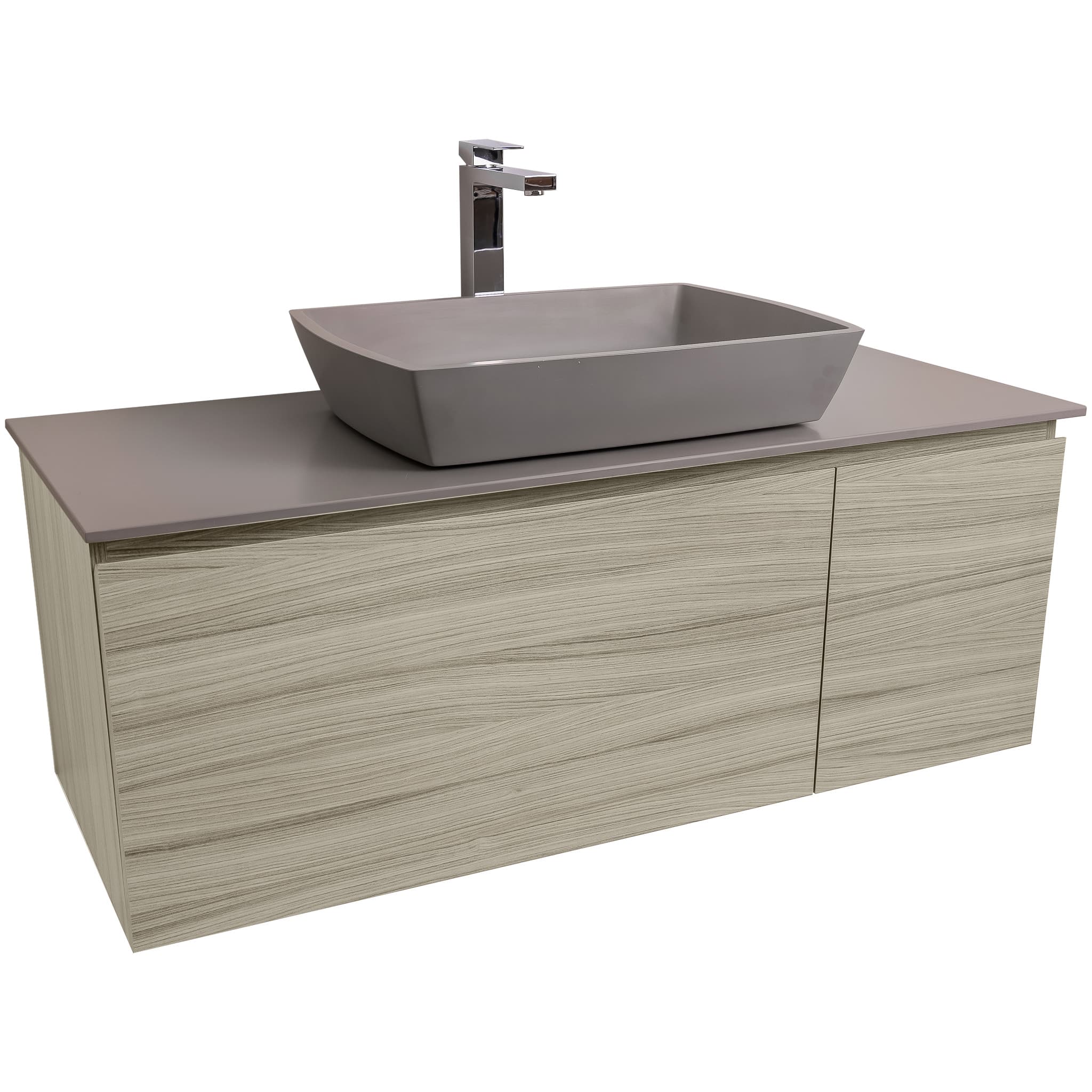 Venice 47.5 Nilo Grey Wood Texture Cabinet, Solid Surface Flat Grey Counter And Square Solid Surface Grey Basin 1316, Wall Mounted Modern Vanity Set Bath Trends USA