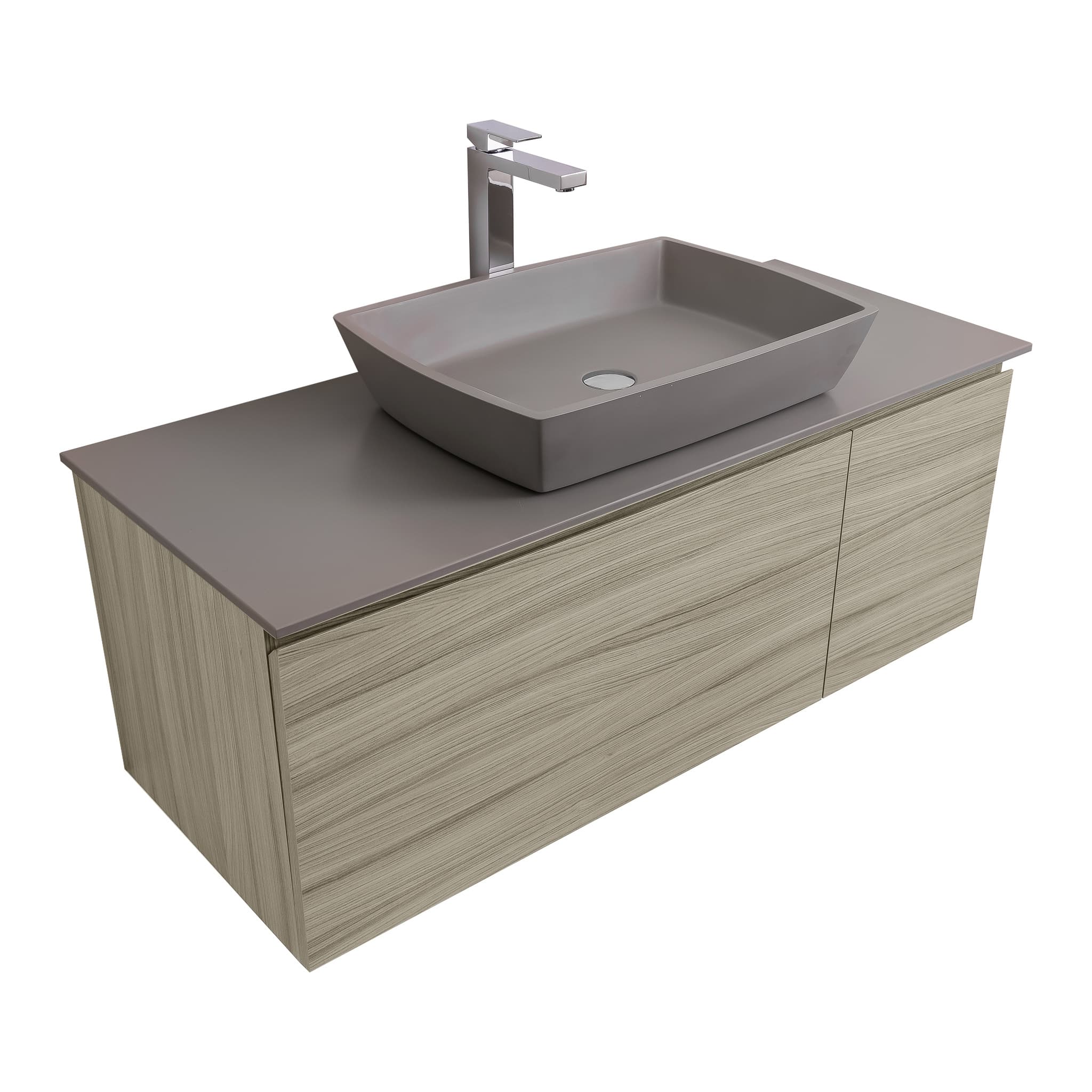 Venice 47.5 Nilo Grey Wood Texture Cabinet, Solid Surface Flat Grey Counter And Square Solid Surface Grey Basin 1316, Wall Mounted Modern Vanity Set