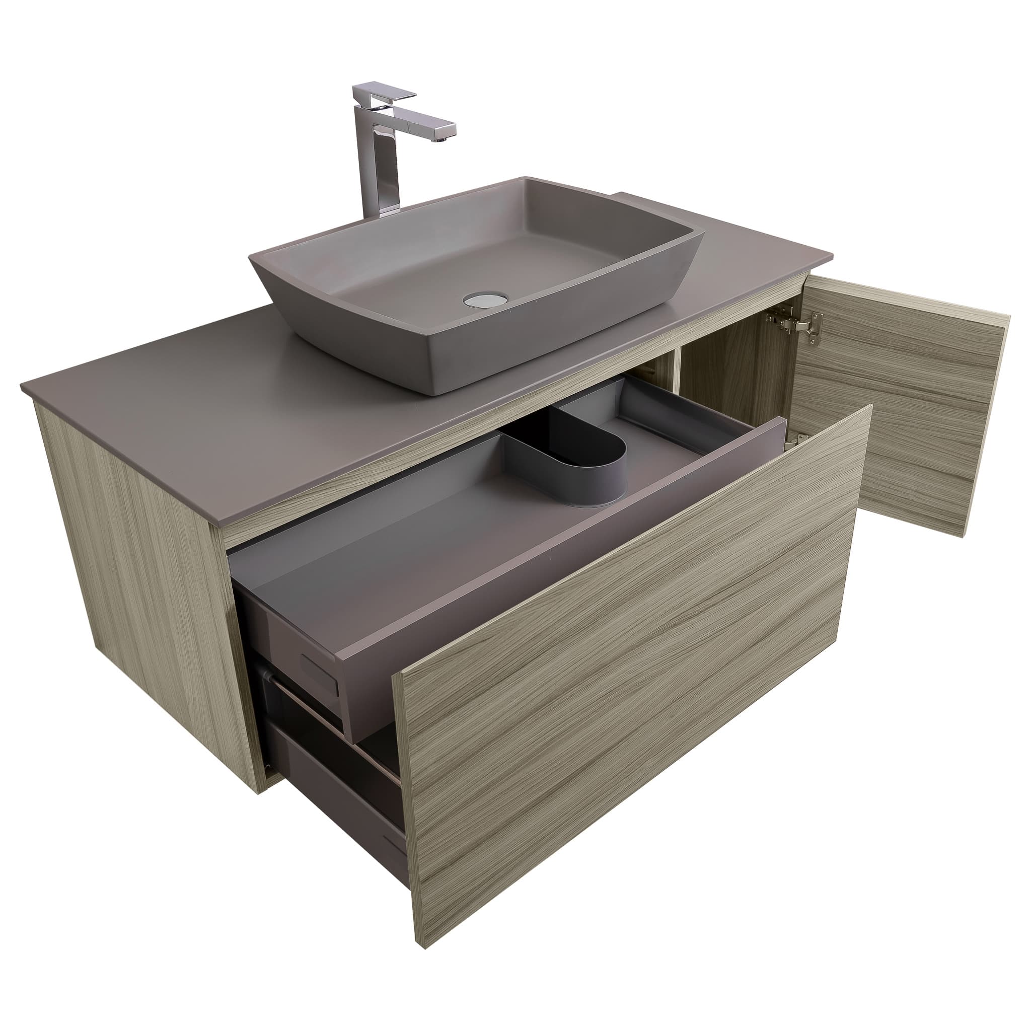 Venice 47.5 Nilo Grey Wood Texture Cabinet, Solid Surface Flat Grey Counter And Square Solid Surface Grey Basin 1316, Wall Mounted Modern Vanity Set