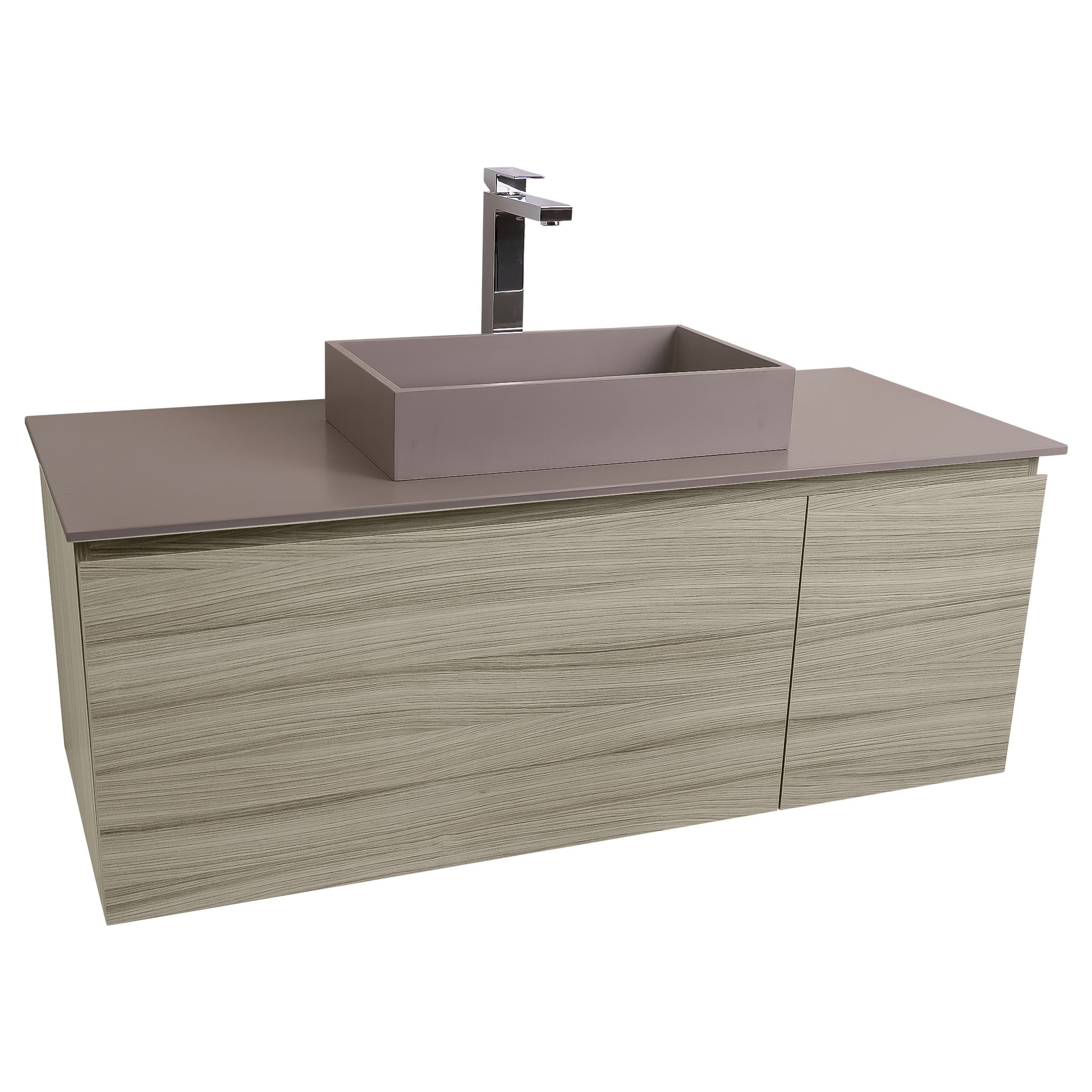 Venice 47.5 Nilo Grey Wood Texture Cabinet, Solid Surface Flat Grey Counter And Infinity Square Solid Surface Grey Basin 1329, Wall Mounted Modern Vanity Set