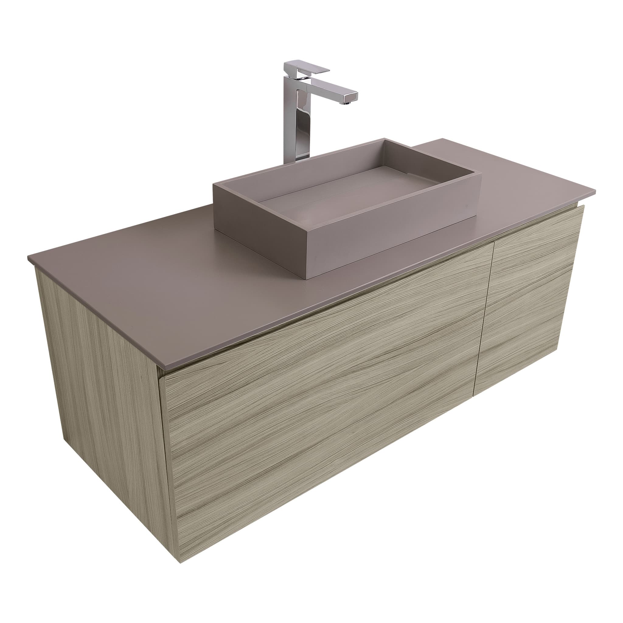 Venice 47.5 Nilo Grey Wood Texture Cabinet, Solid Surface Flat Grey Counter And Infinity Square Solid Surface Grey Basin 1329, Wall Mounted Modern Vanity Set