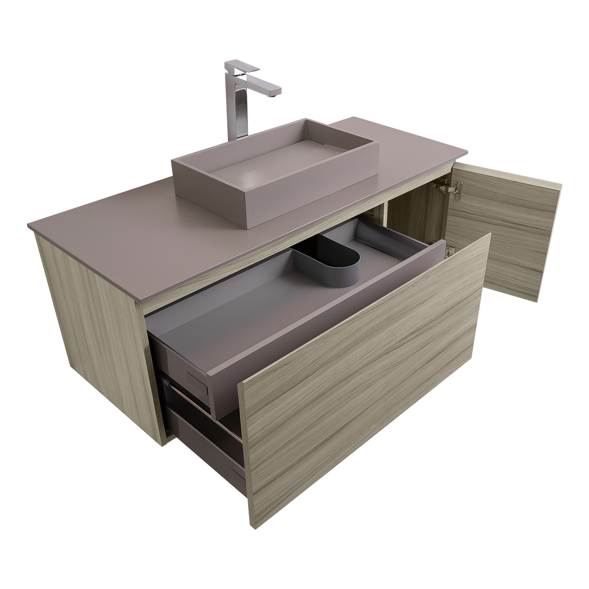 Venice 47.5 Nilo Grey Wood Texture Cabinet, Solid Surface Flat Grey Counter And Infinity Square Solid Surface Grey Basin 1329, Wall Mounted Modern Vanity Set