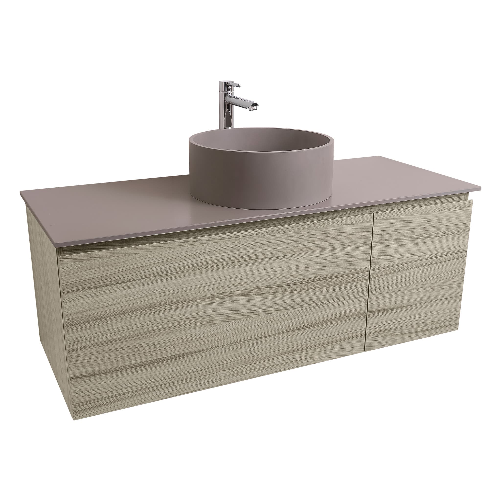 Venice 47.5 Nilo Grey Wood Texture Cabinet, Solid Surface Flat Grey Counter And Round Solid Surface Grey Basin 1386, Wall Mounted Modern Vanity Set