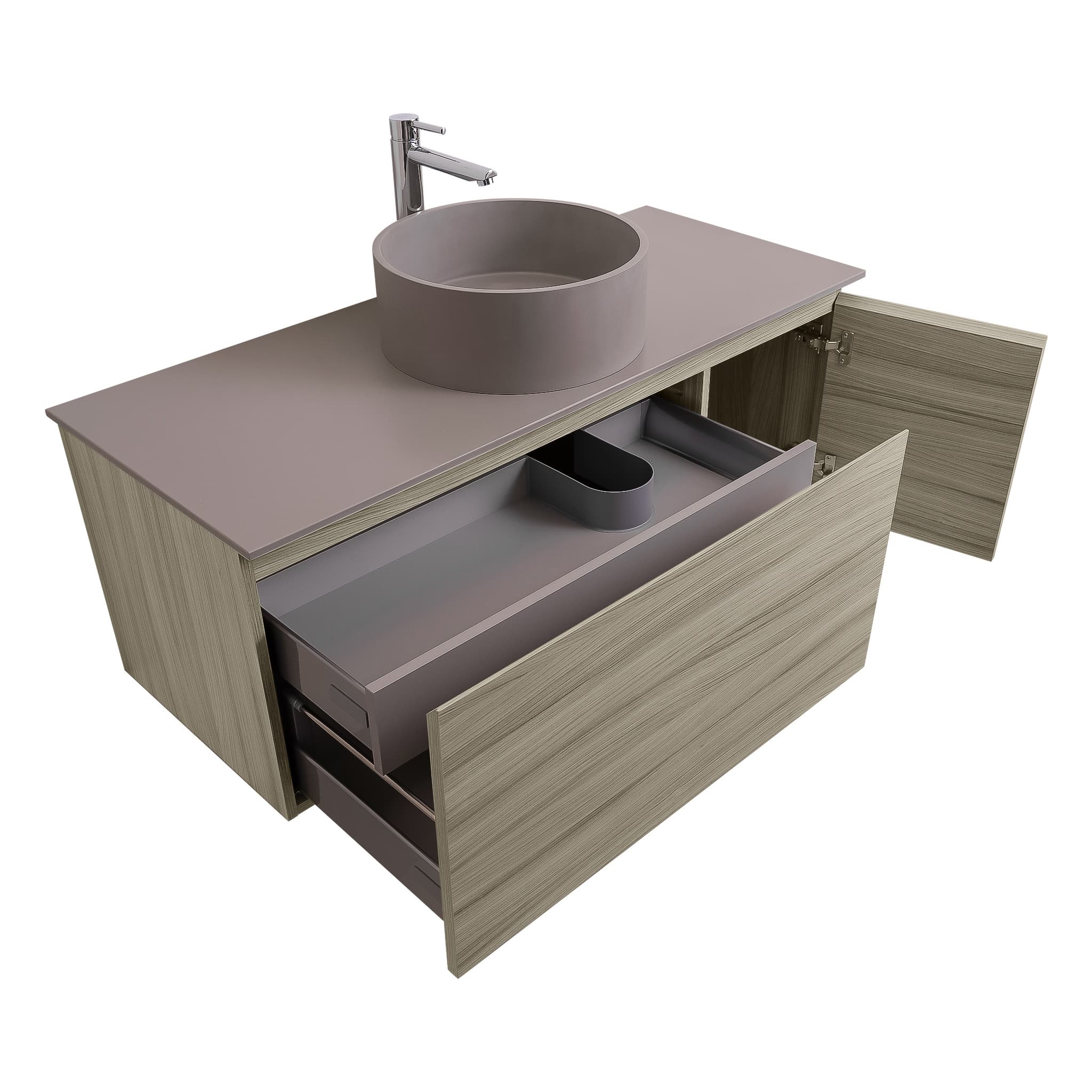 Venice 47.5 Nilo Grey Wood Texture Cabinet, Solid Surface Flat Grey Counter And Round Solid Surface Grey Basin 1386, Wall Mounted Modern Vanity Set