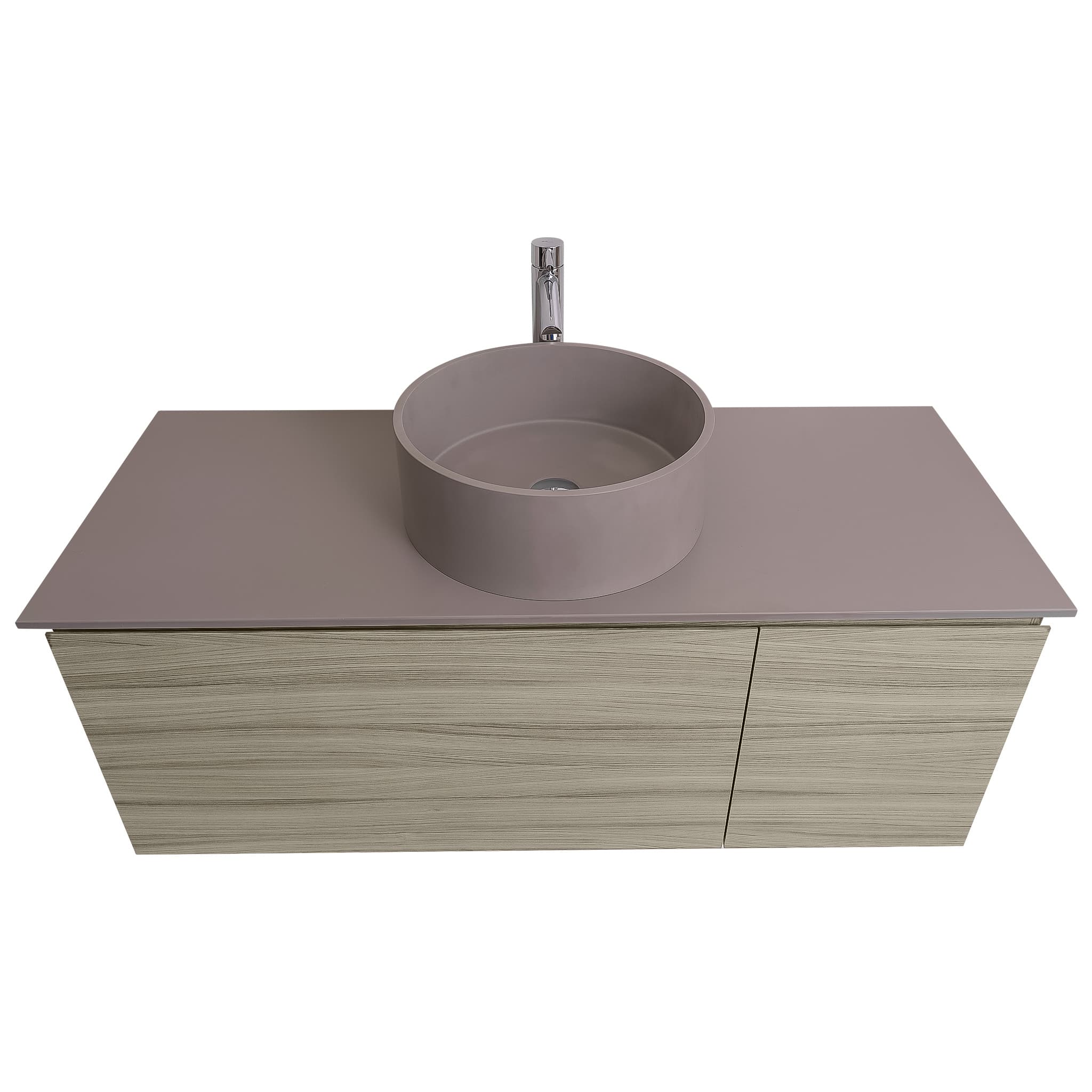 Venice 47.5 Nilo Grey Wood Texture Cabinet, Solid Surface Flat Grey Counter And Round Solid Surface Grey Basin 1386, Wall Mounted Modern Vanity Set