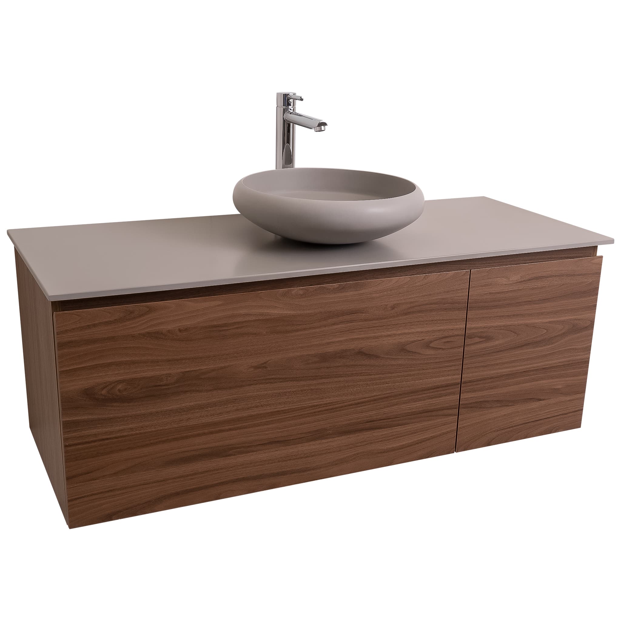 Venice 47.5 Walnut Wood Texture Cabinet, Solid Surface Flat Grey Counter And Round Solid Surface Grey Basin 1153, Wall Mounted Modern Vanity Set