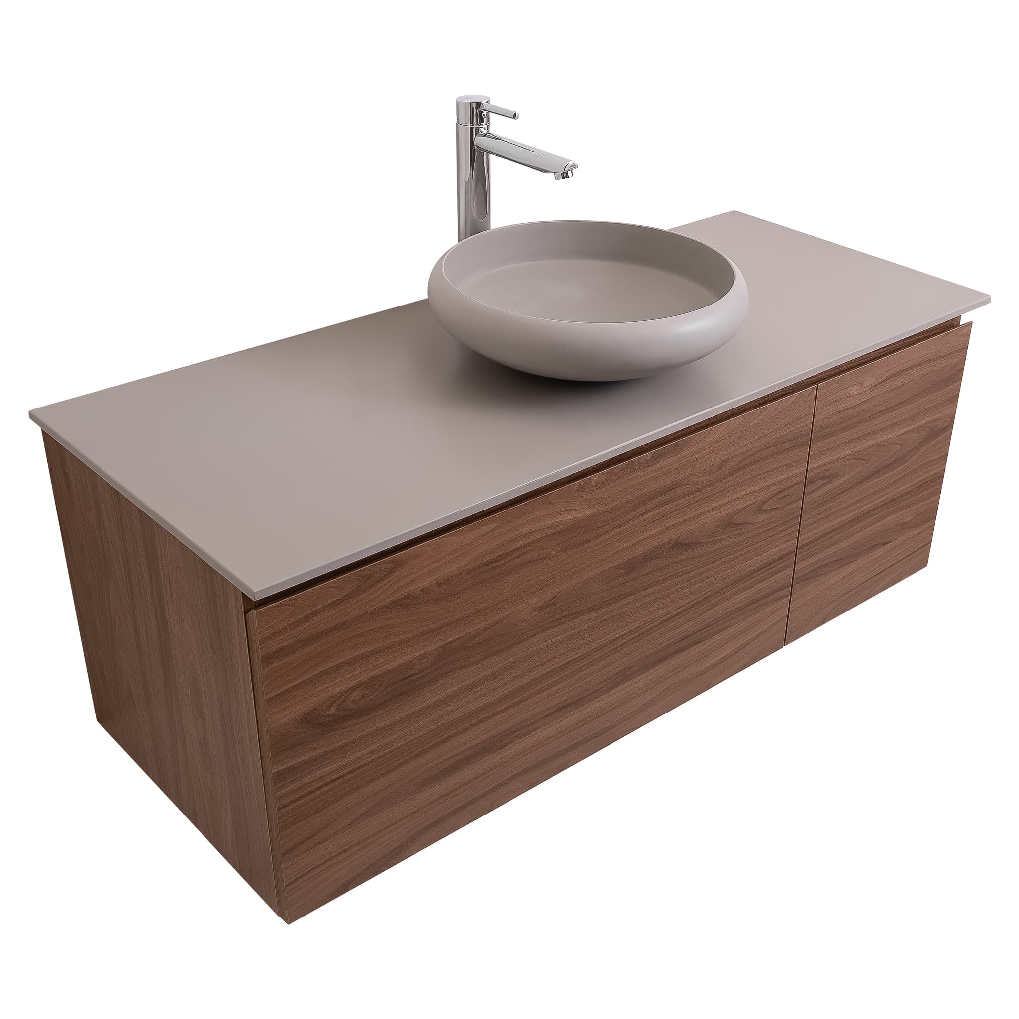 Venice 47.5 Walnut Wood Texture Cabinet, Solid Surface Flat Grey Counter And Round Solid Surface Grey Basin 1153, Wall Mounted Modern Vanity Set