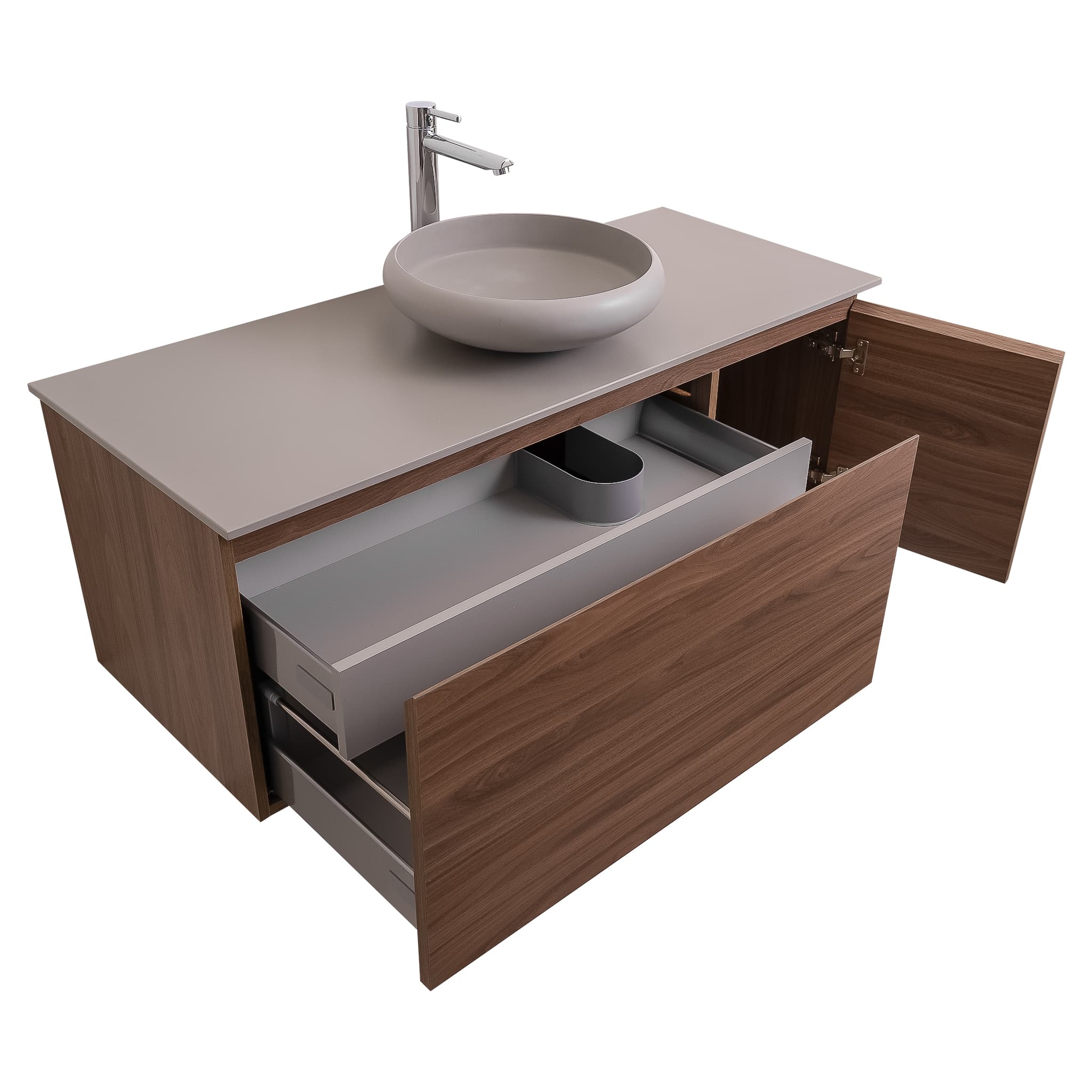 Venice 47.5 Walnut Wood Texture Cabinet, Solid Surface Flat Grey Counter And Round Solid Surface Grey Basin 1153, Wall Mounted Modern Vanity Set