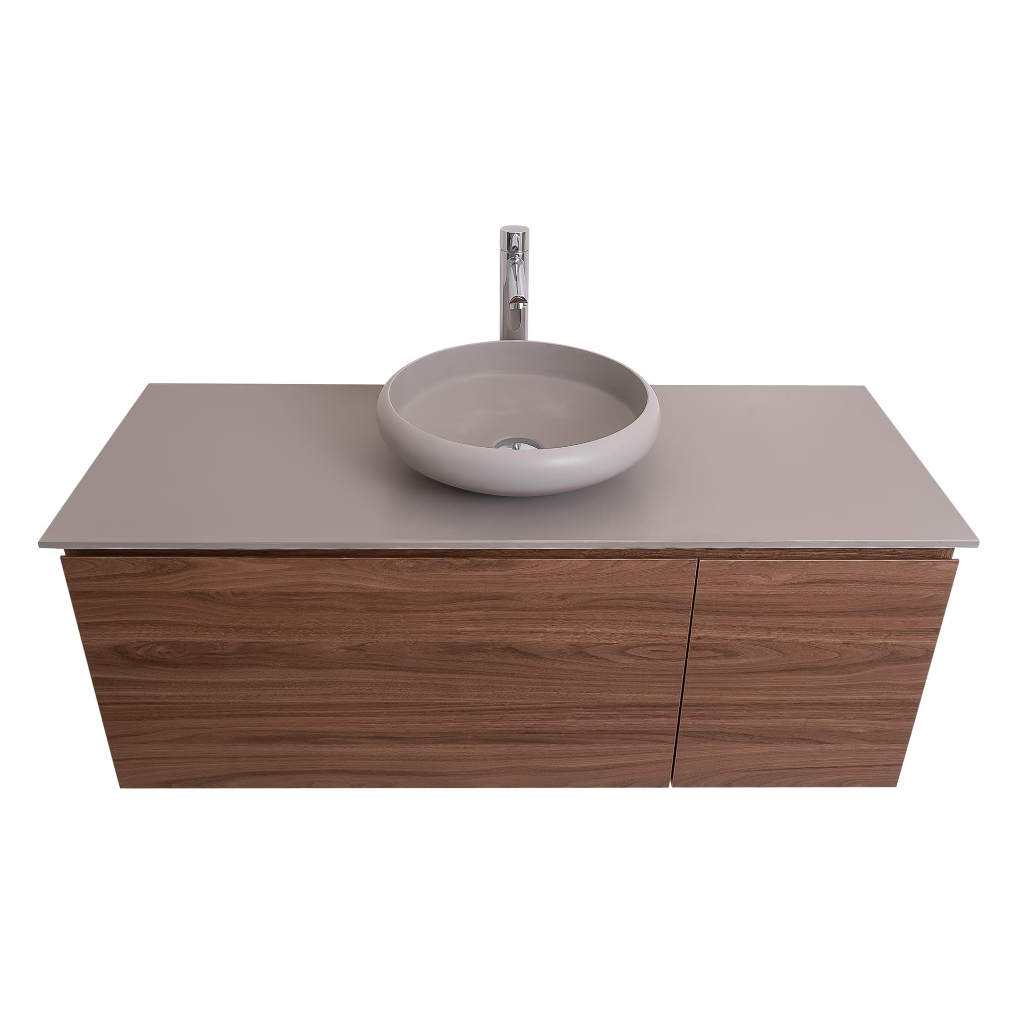 Venice 47.5 Walnut Wood Texture Cabinet, Solid Surface Flat Grey Counter And Round Solid Surface Grey Basin 1153, Wall Mounted Modern Vanity Set