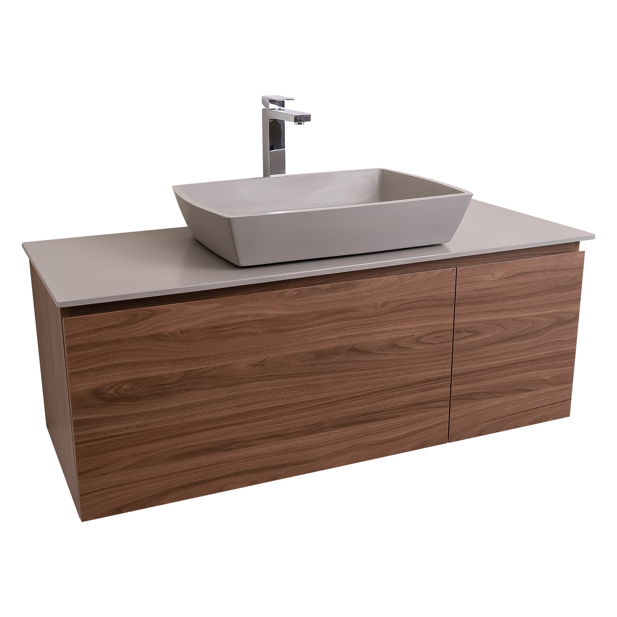 Venice 47.5 Walnut Wood Texture Cabinet, Solid Surface Flat Grey Counter And Square Solid Surface Grey Basin 1316, Wall Mounted Modern Vanity Set