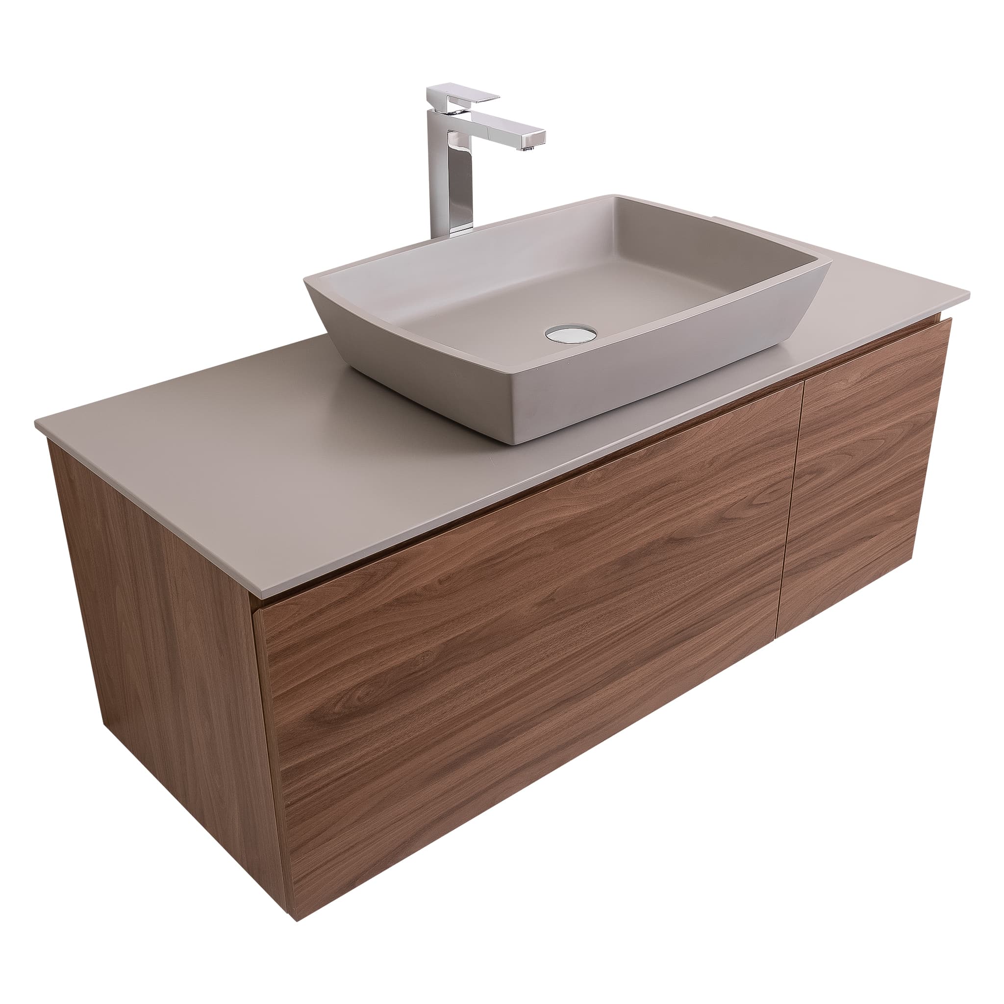 Venice 47.5 Walnut Wood Texture Cabinet, Solid Surface Flat Grey Counter And Square Solid Surface Grey Basin 1316, Wall Mounted Modern Vanity Set