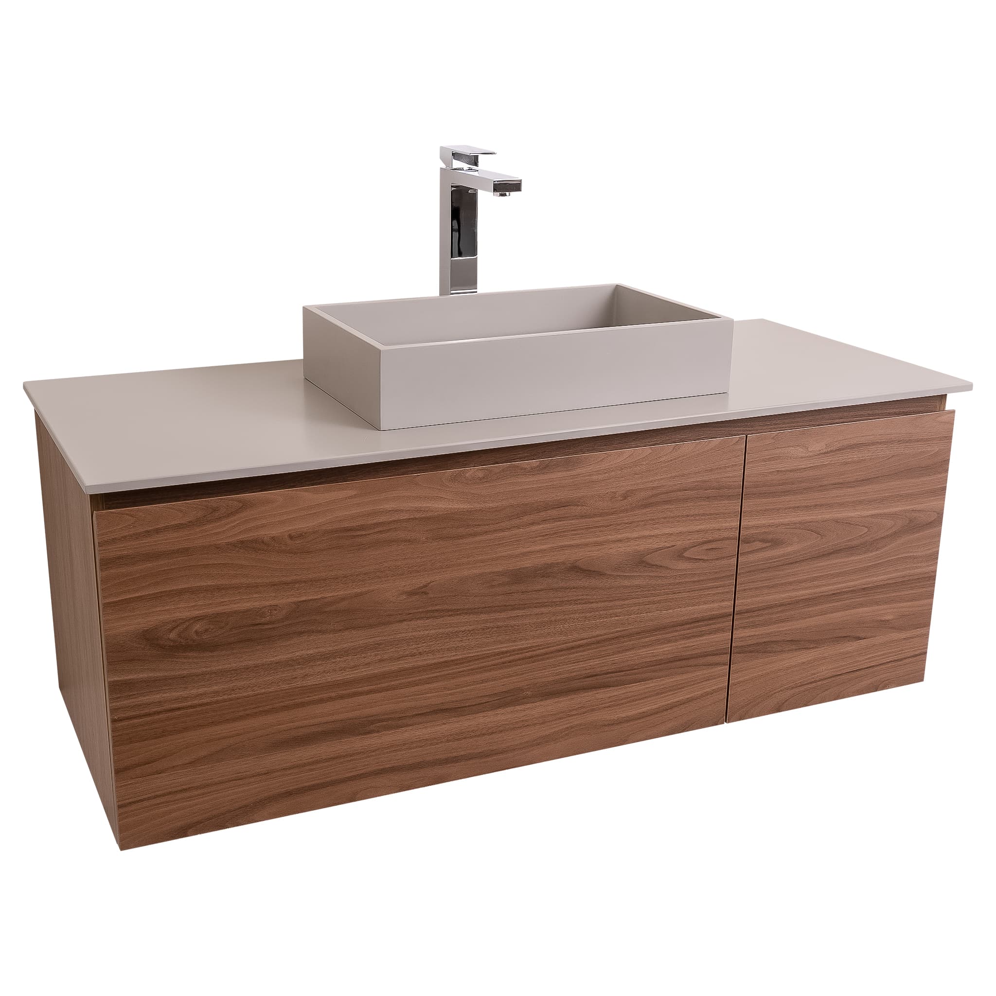 Venice 47.5 Walnut Wood Texture Cabinet, Solid Surface Flat Grey Counter And Infinity Square Solid Surface Grey Basin 1329, Wall Mounted Modern Vanity Set