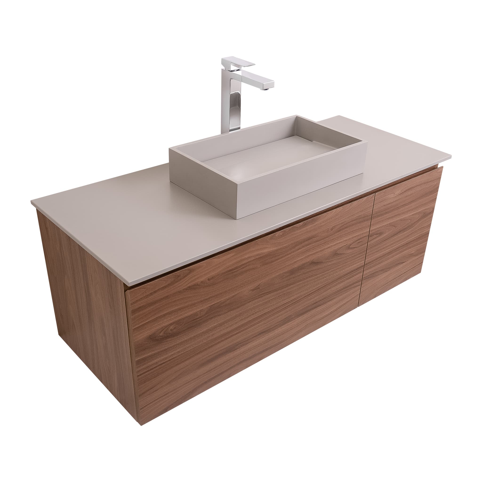Venice 47.5 Walnut Wood Texture Cabinet, Solid Surface Flat Grey Counter And Infinity Square Solid Surface Grey Basin 1329, Wall Mounted Modern Vanity Set