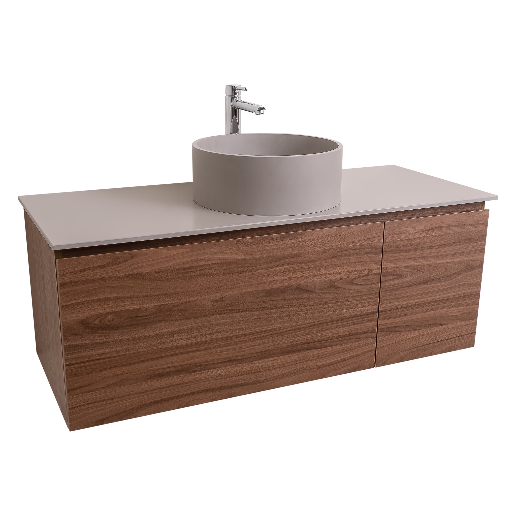 Venice 47.5 Walnut Wood Texture Cabinet, Solid Surface Flat Grey Counter And Round Solid Surface Grey Basin 1386, Wall Mounted Modern Vanity Set
