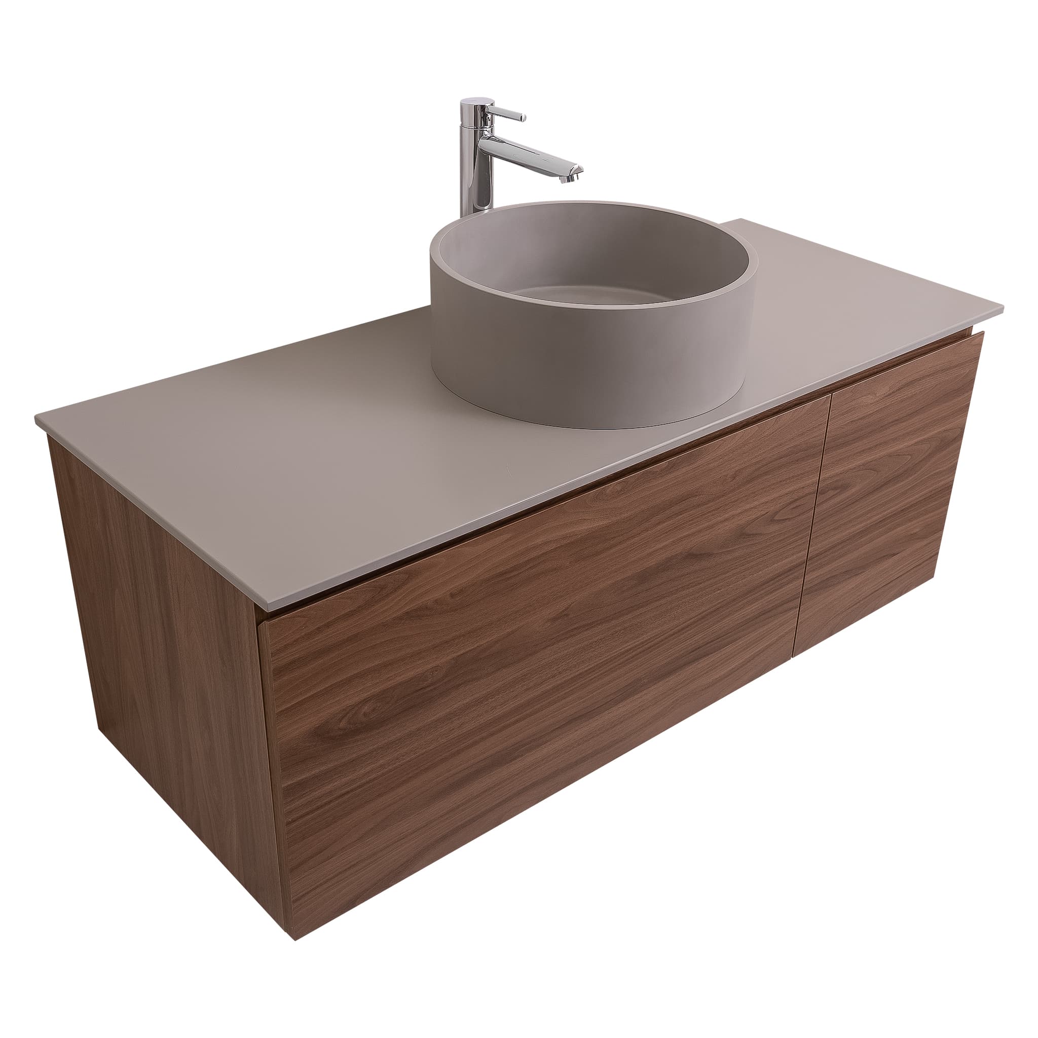 Venice 47.5 Walnut Wood Texture Cabinet, Solid Surface Flat Grey Counter And Round Solid Surface Grey Basin 1386, Wall Mounted Modern Vanity Set Bath Trends USA