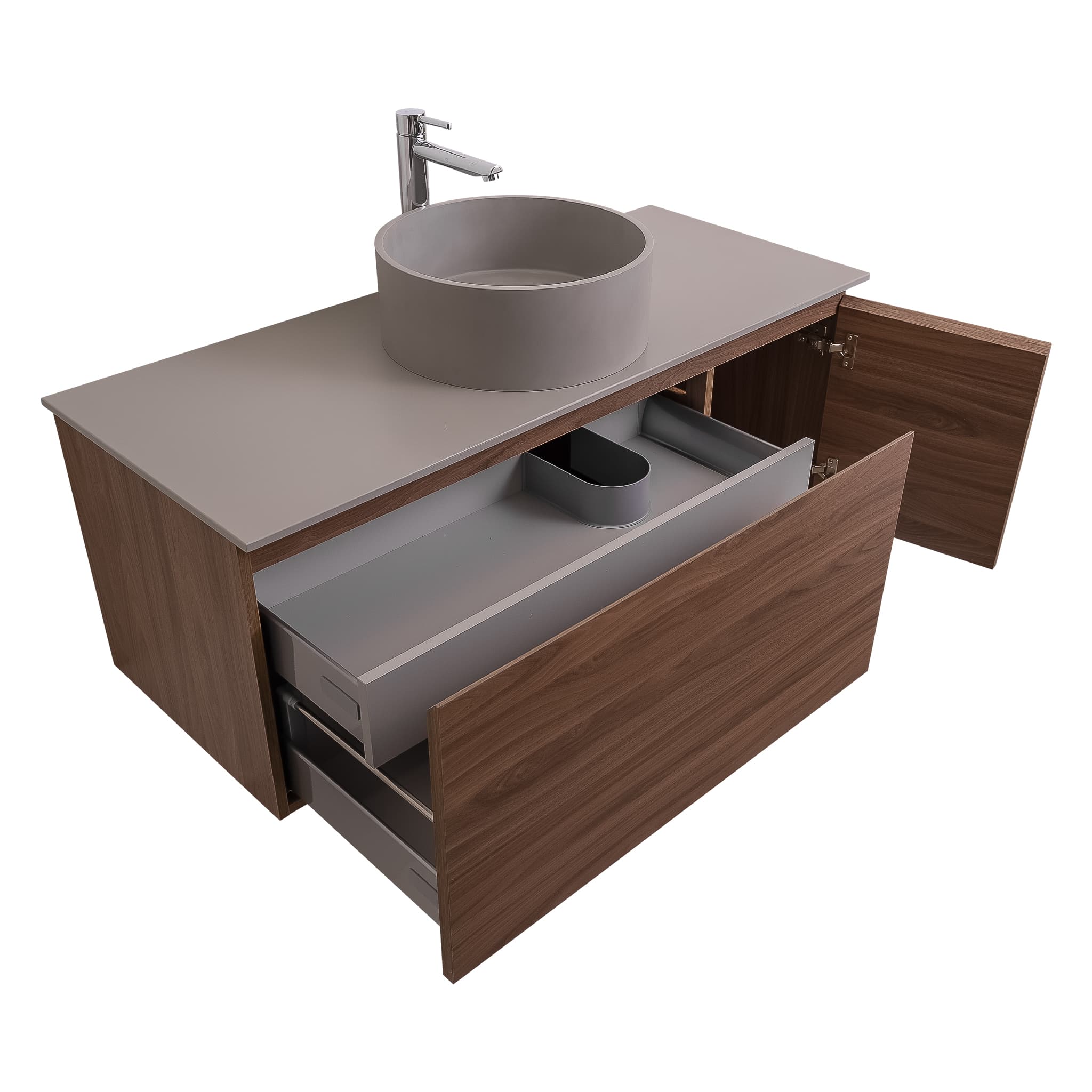 Venice 47.5 Walnut Wood Texture Cabinet, Solid Surface Flat Grey Counter And Round Solid Surface Grey Basin 1386, Wall Mounted Modern Vanity Set