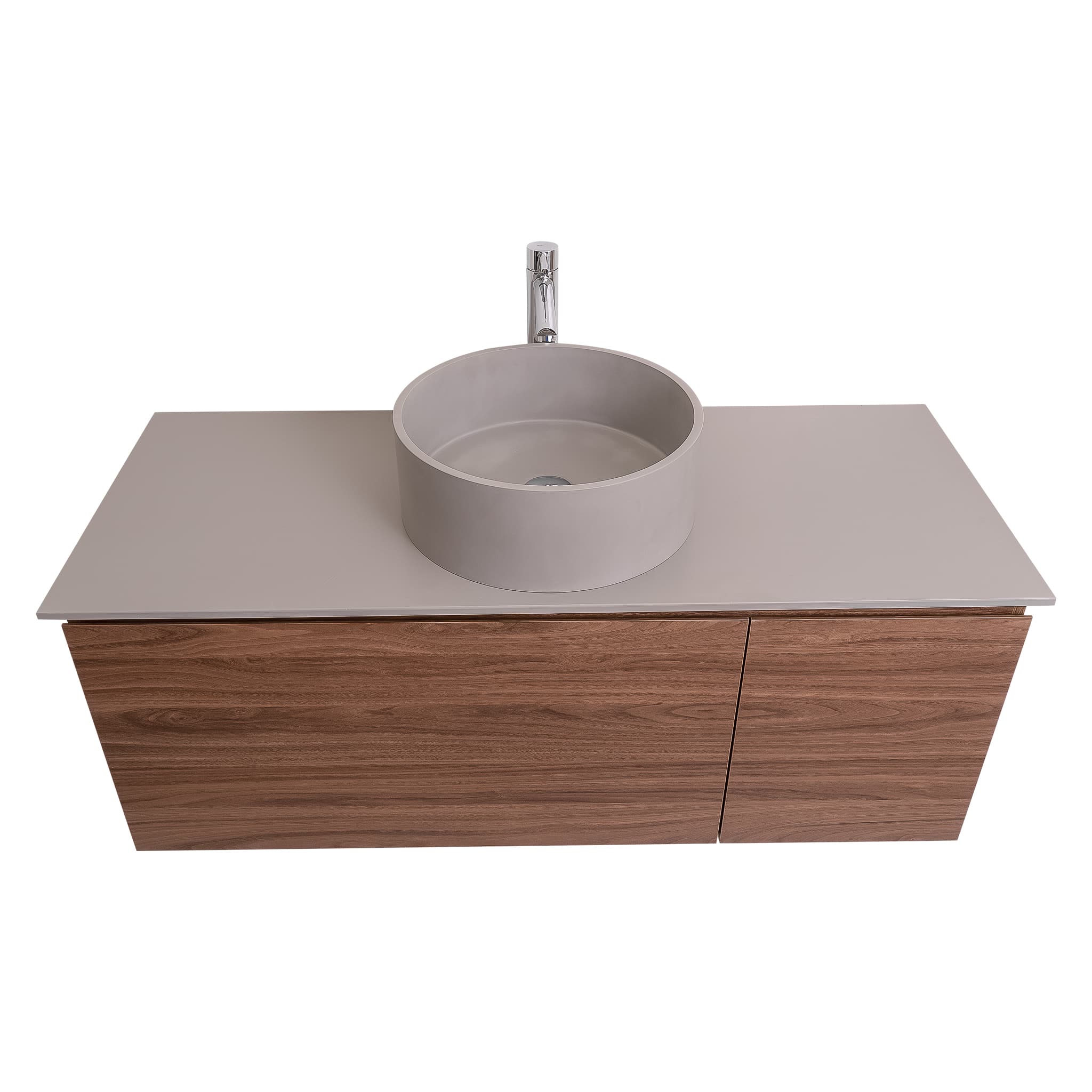 Venice 47.5 Walnut Wood Texture Cabinet, Solid Surface Flat Grey Counter And Round Solid Surface Grey Basin 1386, Wall Mounted Modern Vanity Set