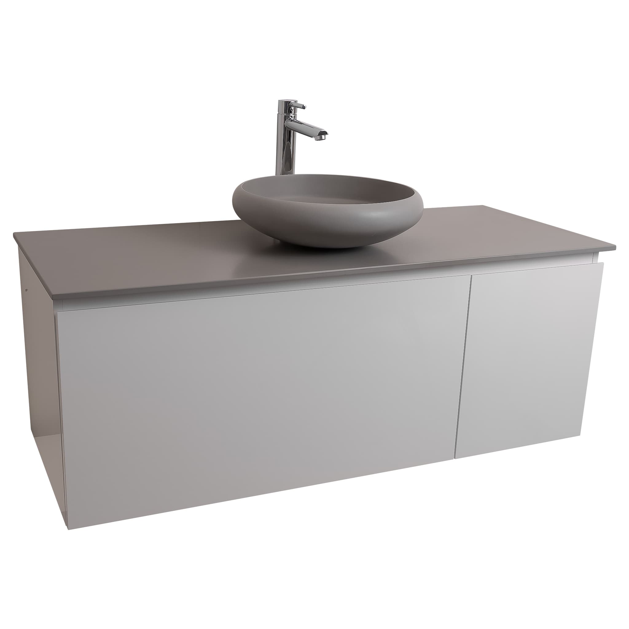 Venice 47.5 White High Gloss Cabinet, Solid Surface Flat Grey Counter And Round Solid Surface Grey Basin 1153, Wall Mounted Modern Vanity Set