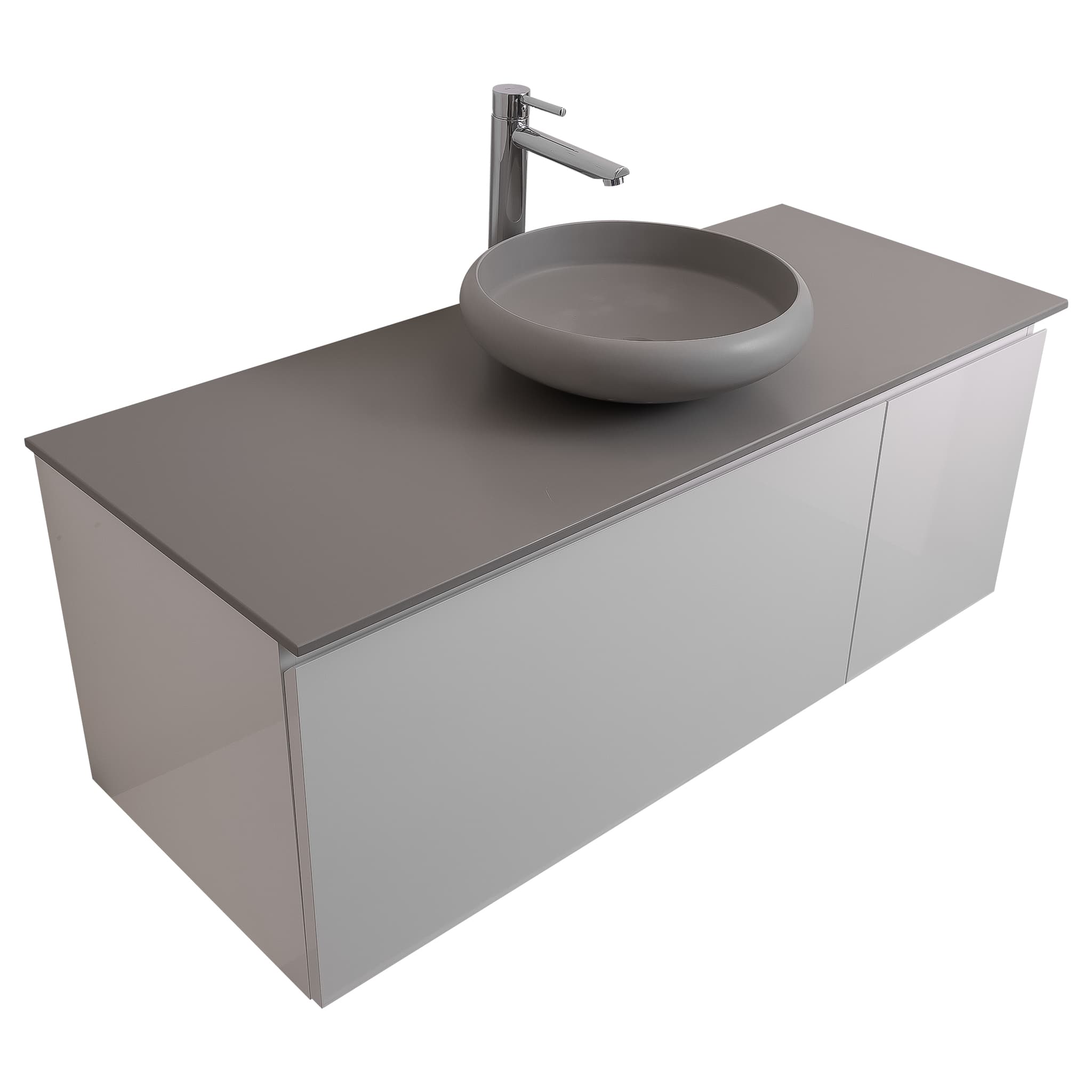 Venice 47.5 White High Gloss Cabinet, Solid Surface Flat Grey Counter And Round Solid Surface Grey Basin 1153, Wall Mounted Modern Vanity Set Bath Trends USA