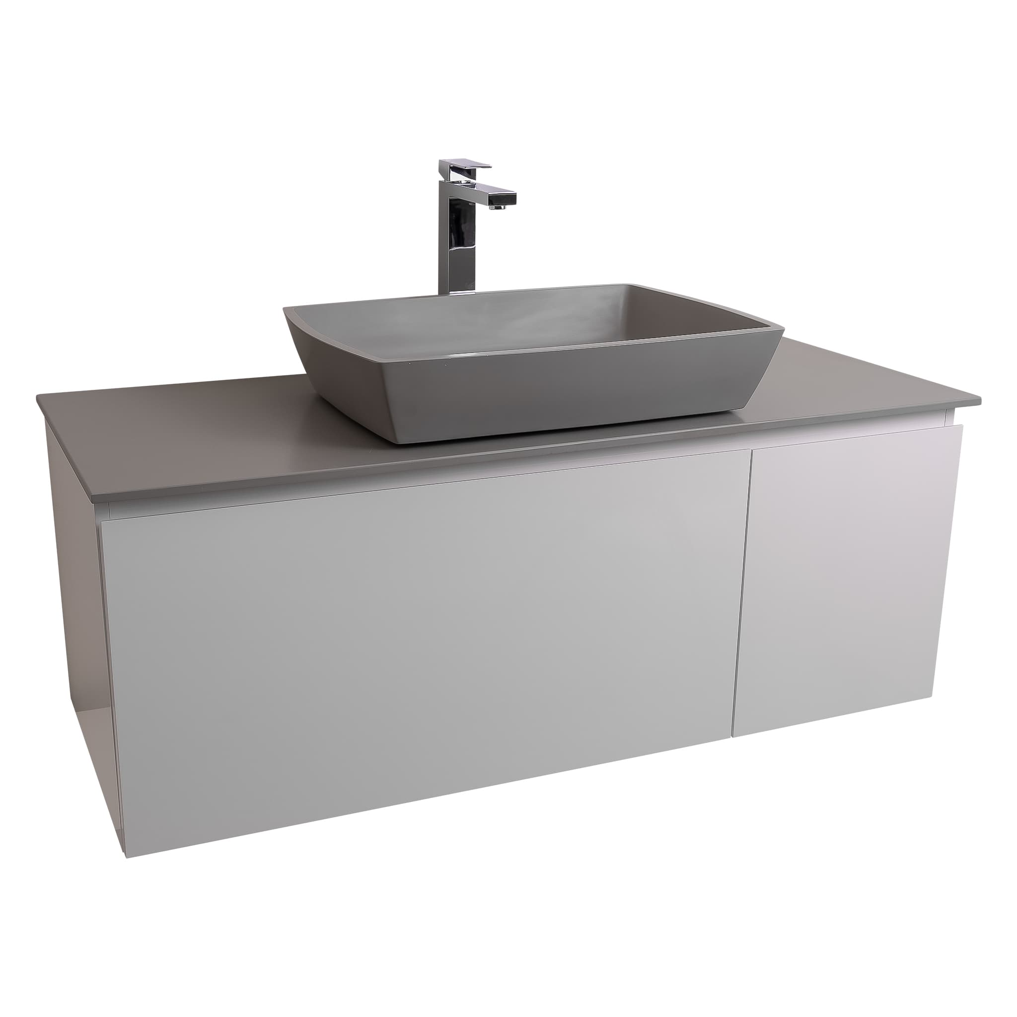 Venice 47.5 White High Gloss Cabinet, Solid Surface Flat Grey Counter And Square Solid Surface Grey Basin 1316, Wall Mounted Modern Vanity Set Bath Trends USA