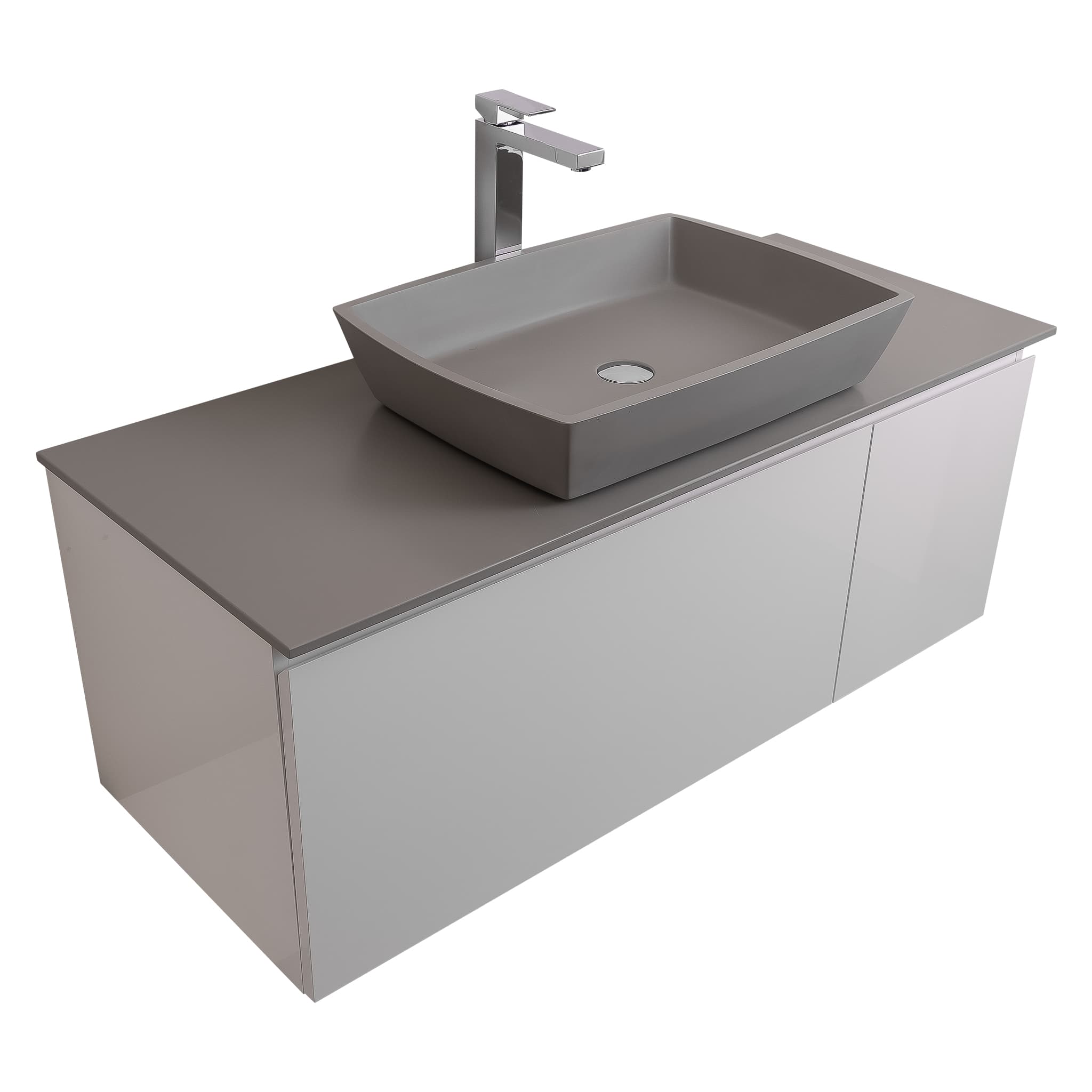 Venice 47.5 White High Gloss Cabinet, Solid Surface Flat Grey Counter And Square Solid Surface Grey Basin 1316, Wall Mounted Modern Vanity Set Bath Trends USA