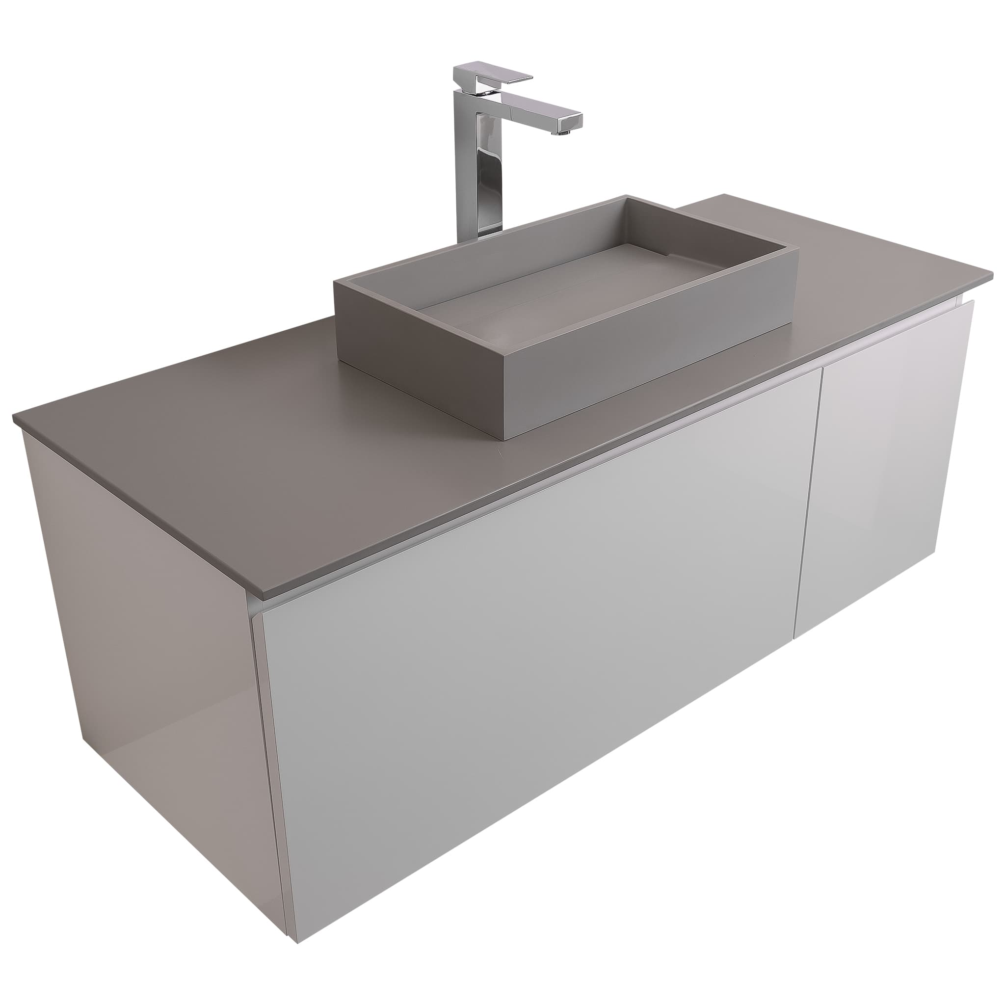 Venice 47.5 White High Gloss Cabinet, Solid Surface Flat Grey Counter And Infinity Square Solid Surface Grey Basin 1329, Wall Mounted Modern Vanity Set